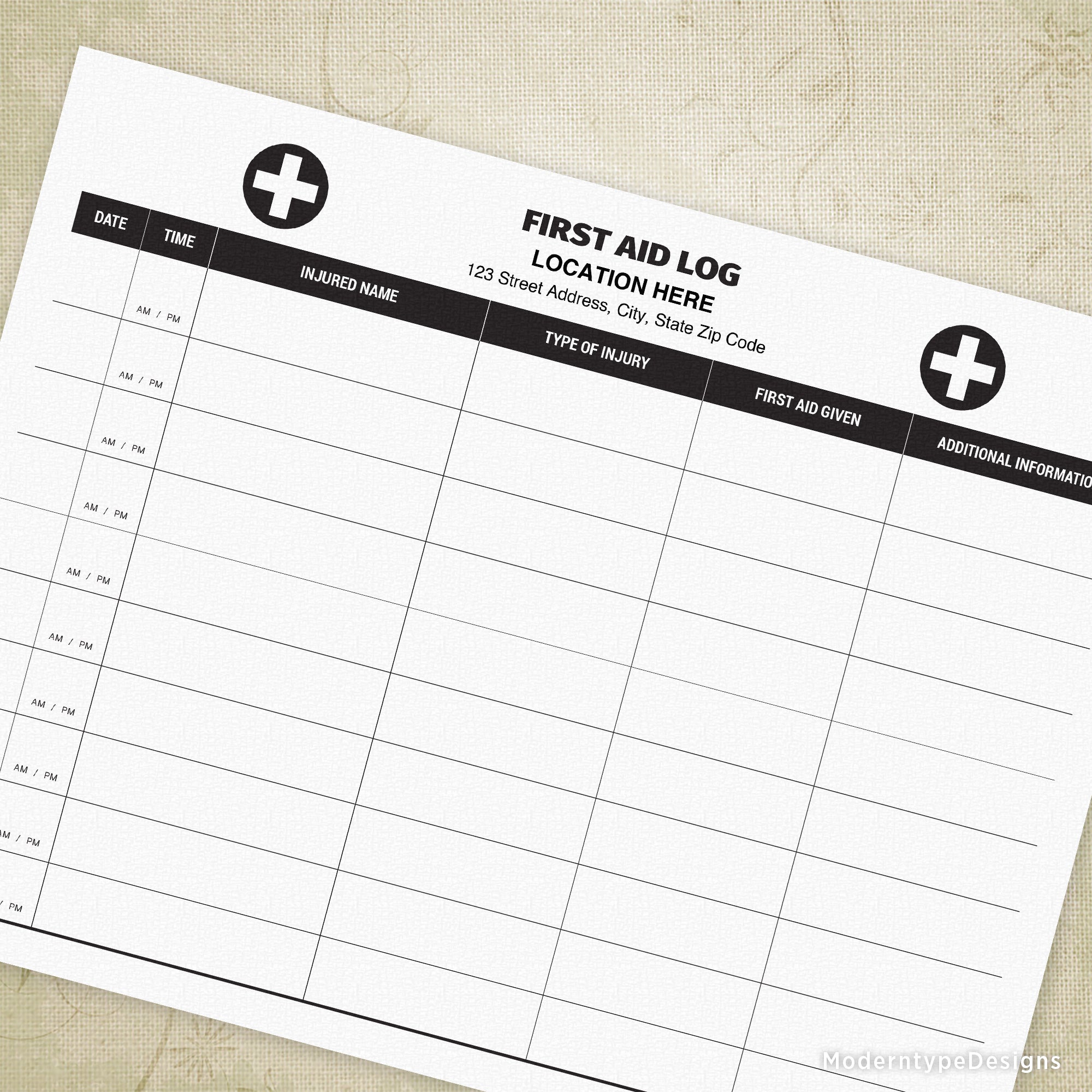 First Aid Log Printable, Personalized