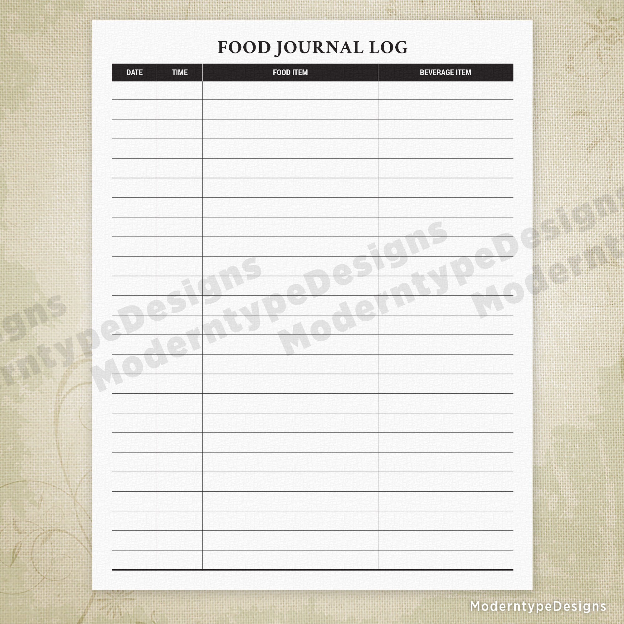 Food Journal Log Printable Form #2