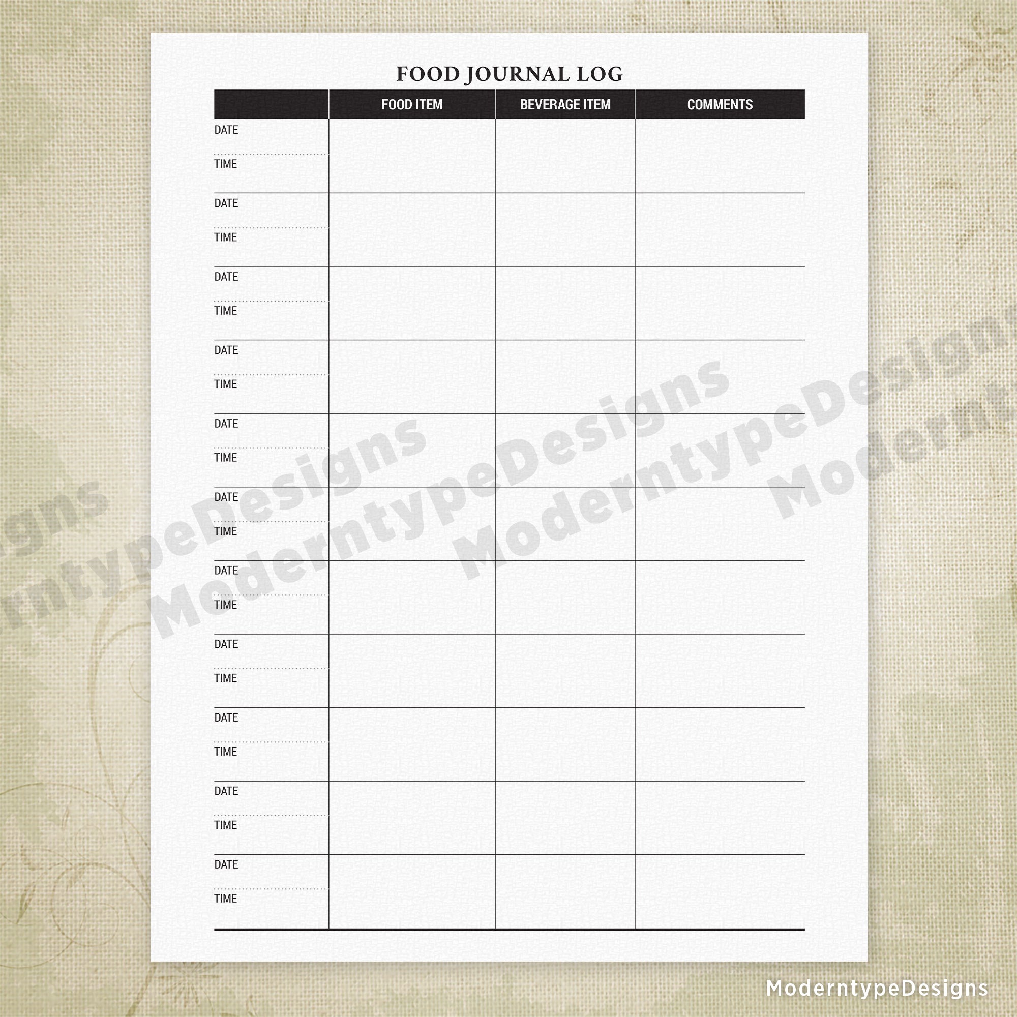 Food Journal Log Printable Form #1