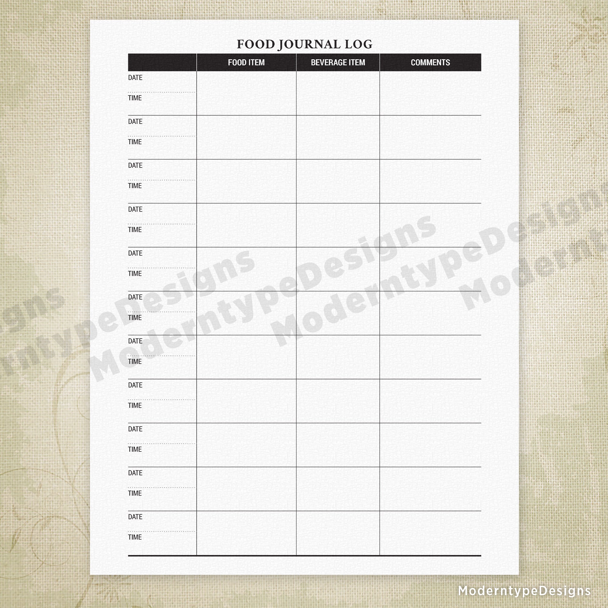 Food Journal Log Printable Form #1 Food Journal Log Printable Form #1