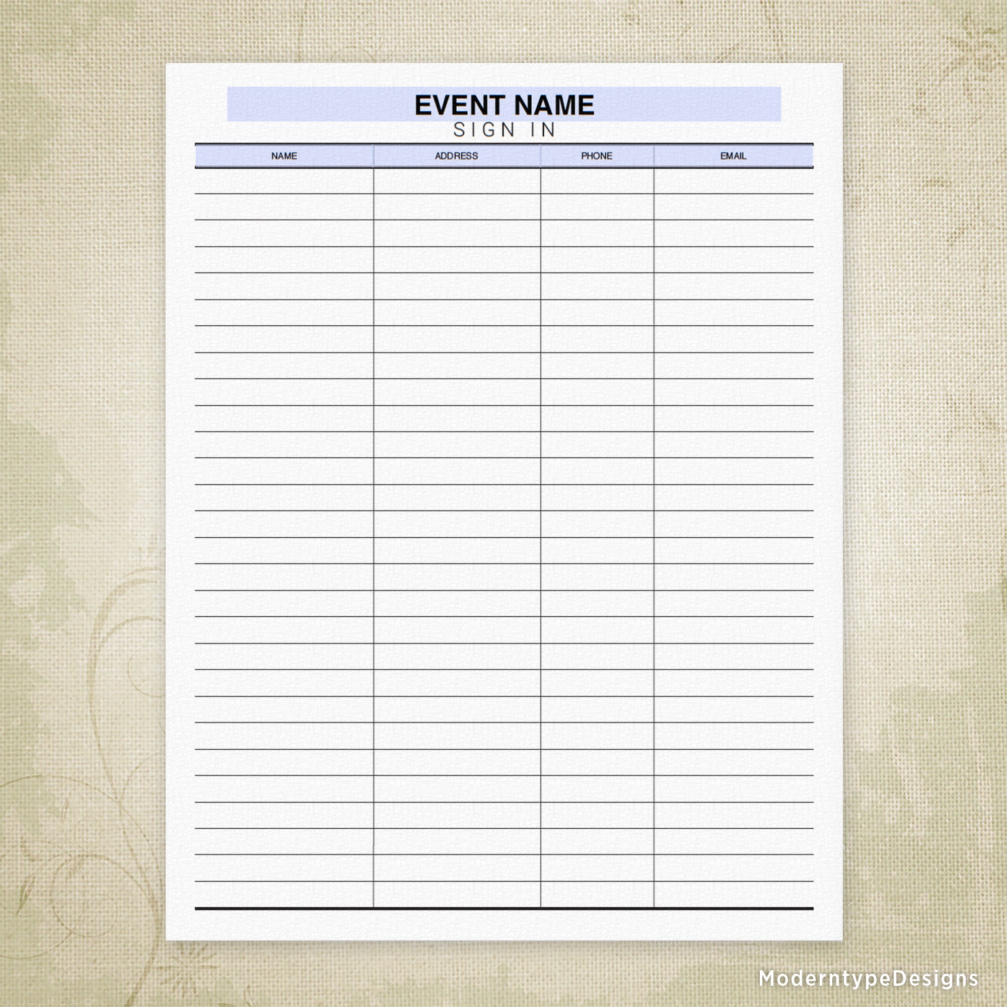 Event Sign In Sheet Printable, Personalized