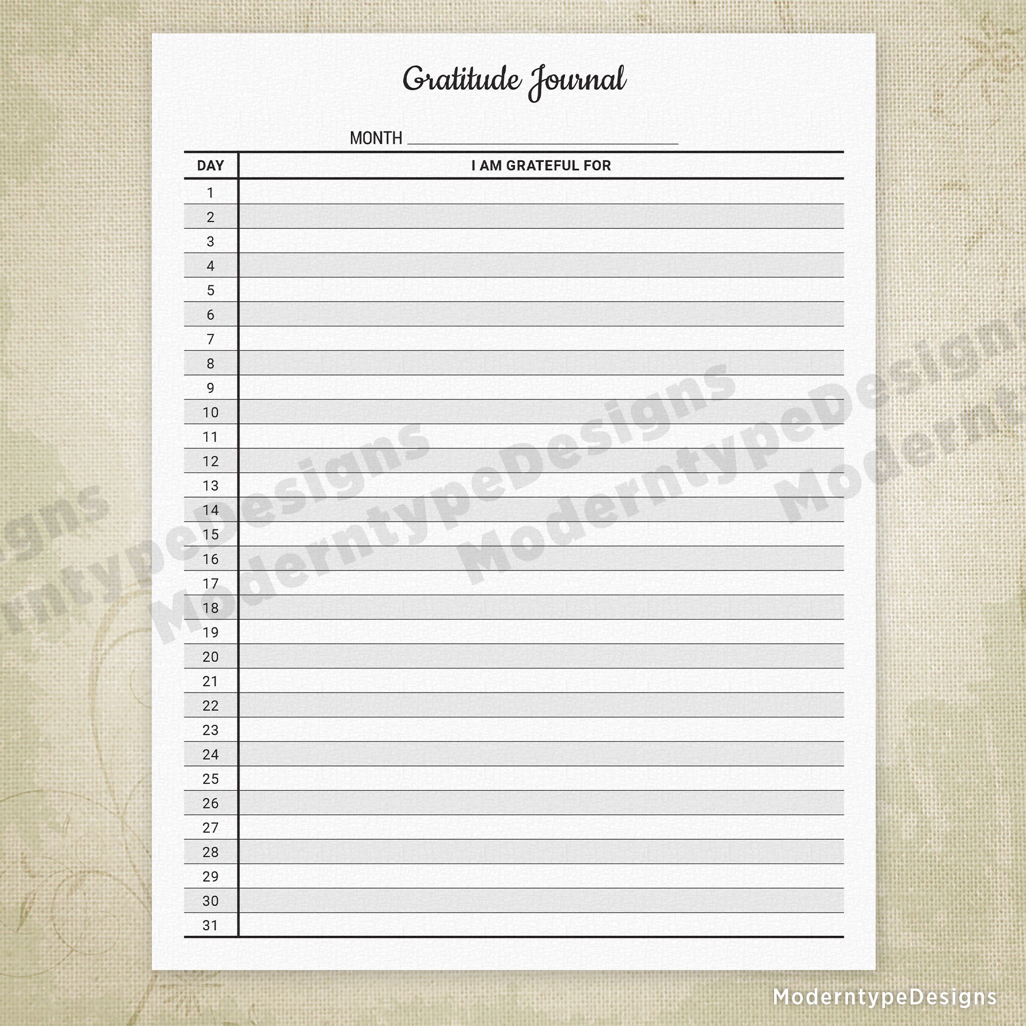 Monthly Gratitude Journal Printable