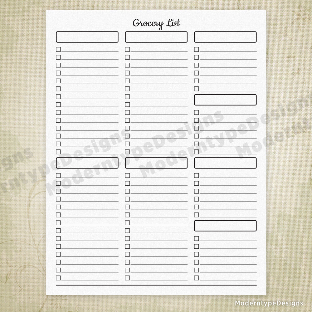 Grocery List Printable Sheet