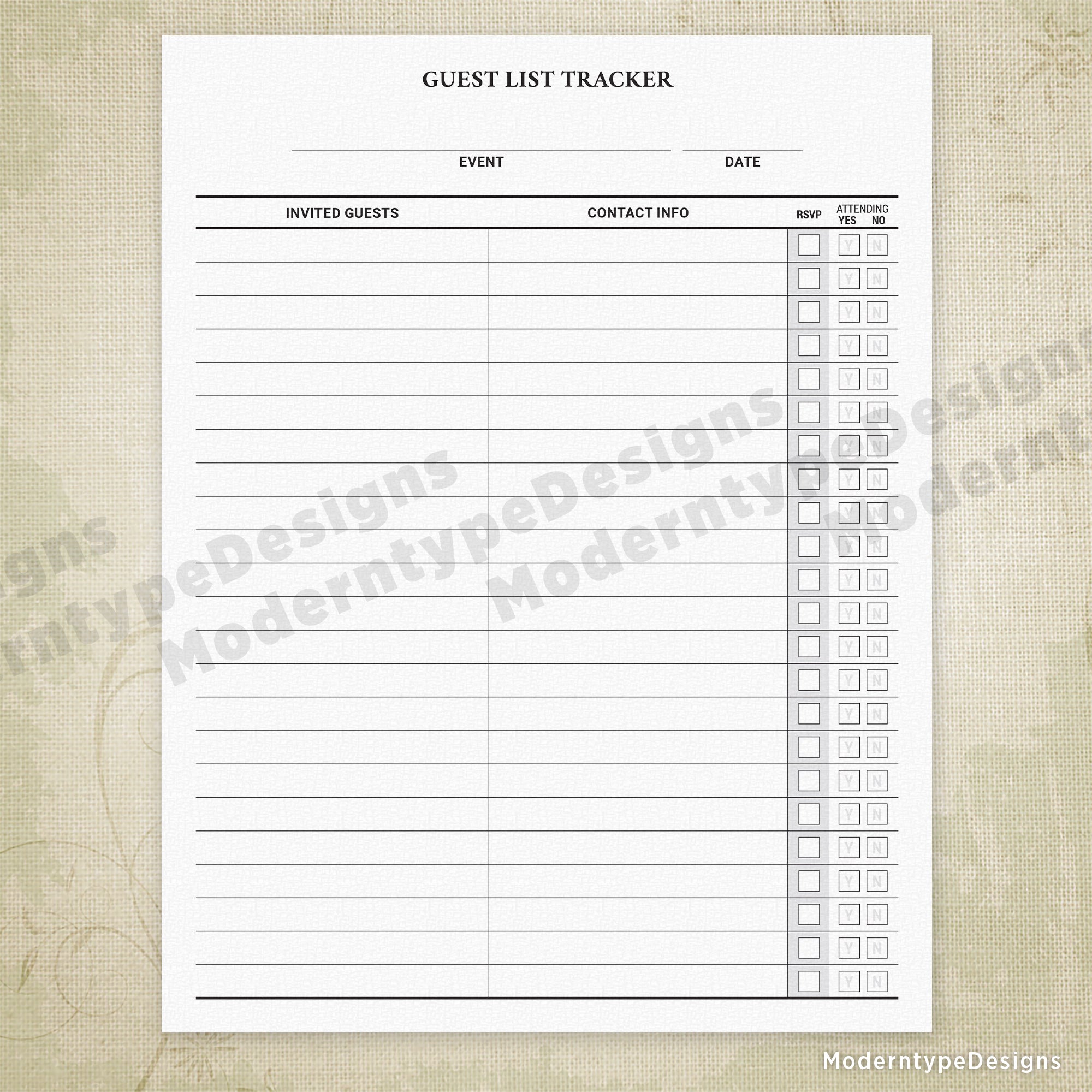 Guest List Tracker Printable Form