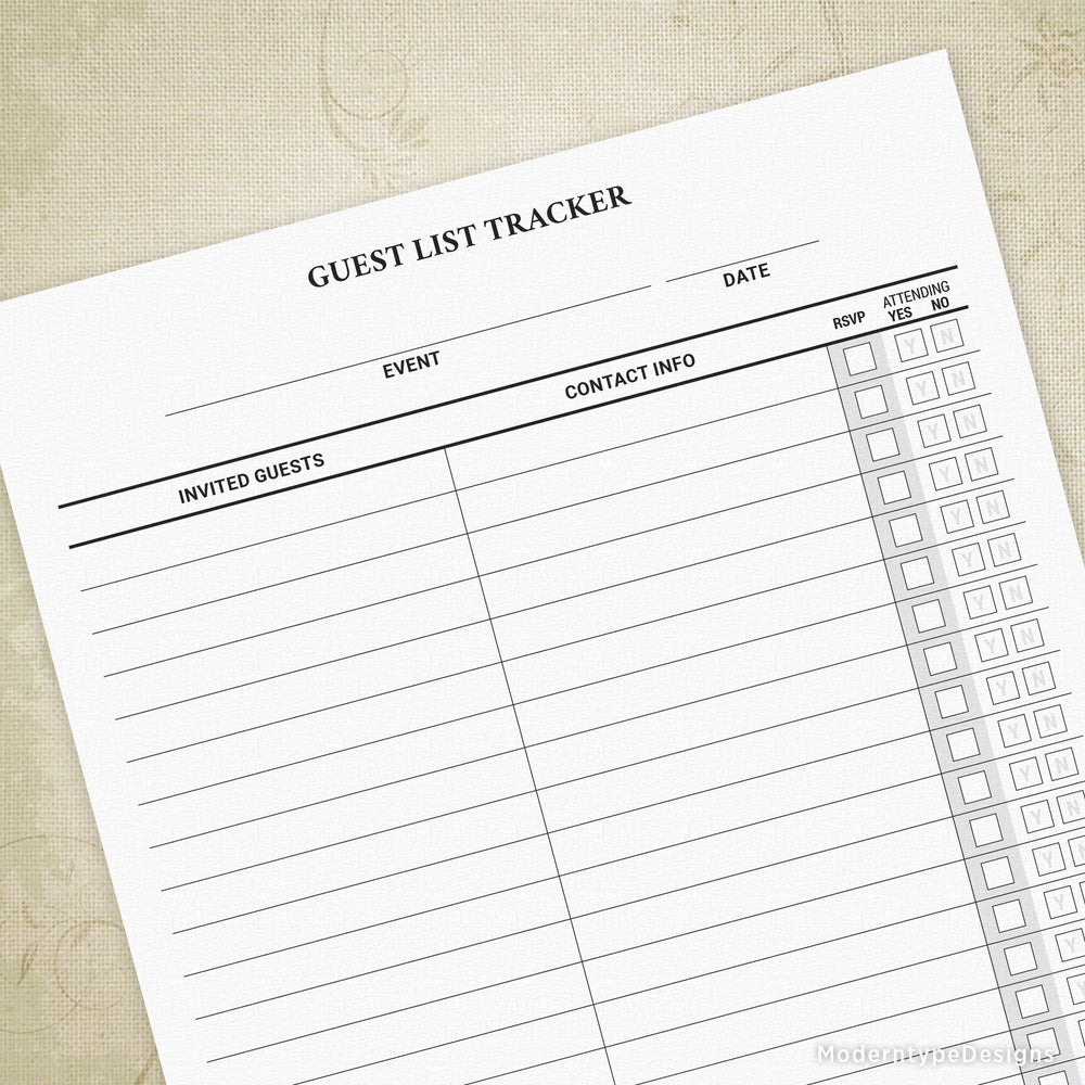 Guest List Tracker Printable Form