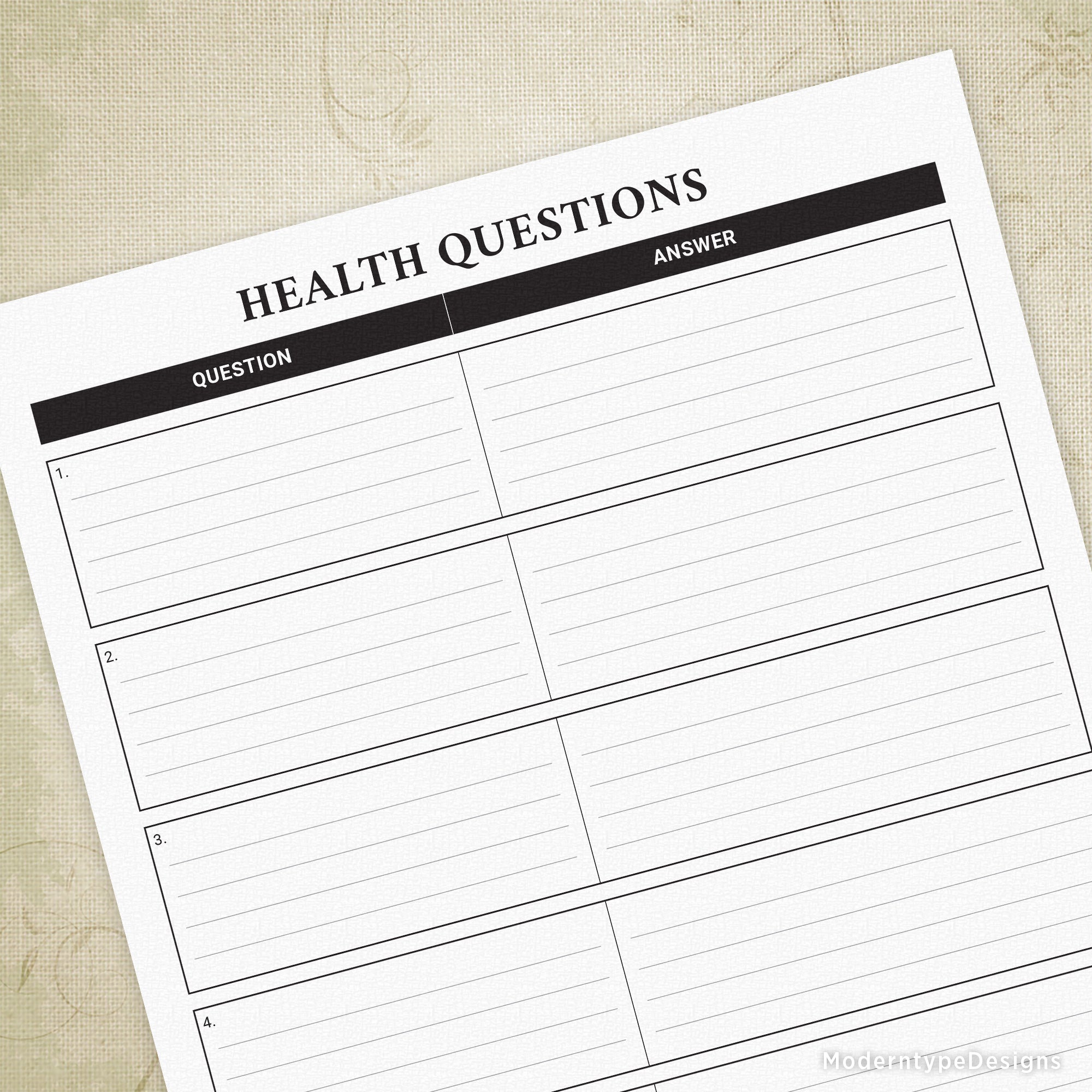 Health Questions Printable Form #1