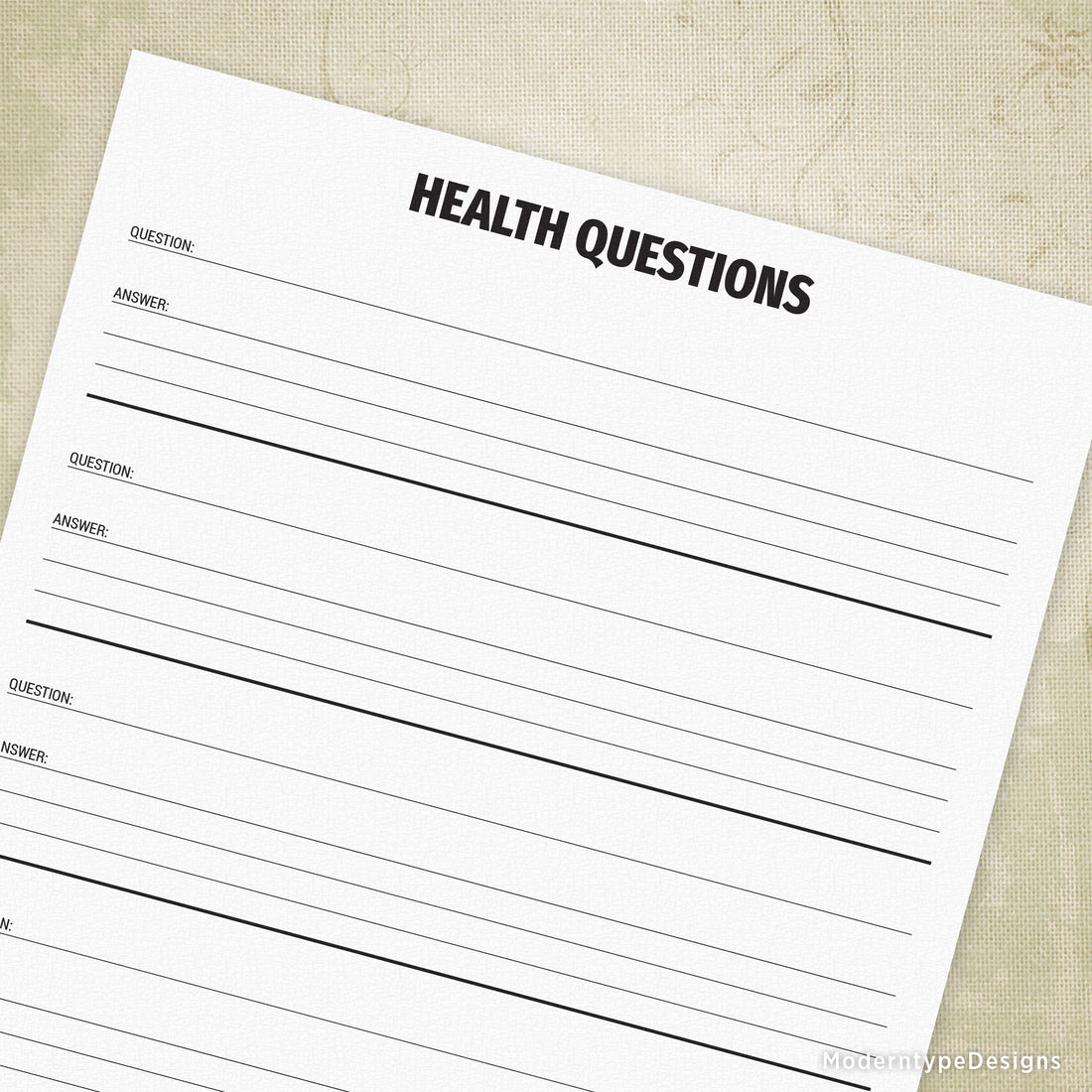 Health Questions Printable Form #2