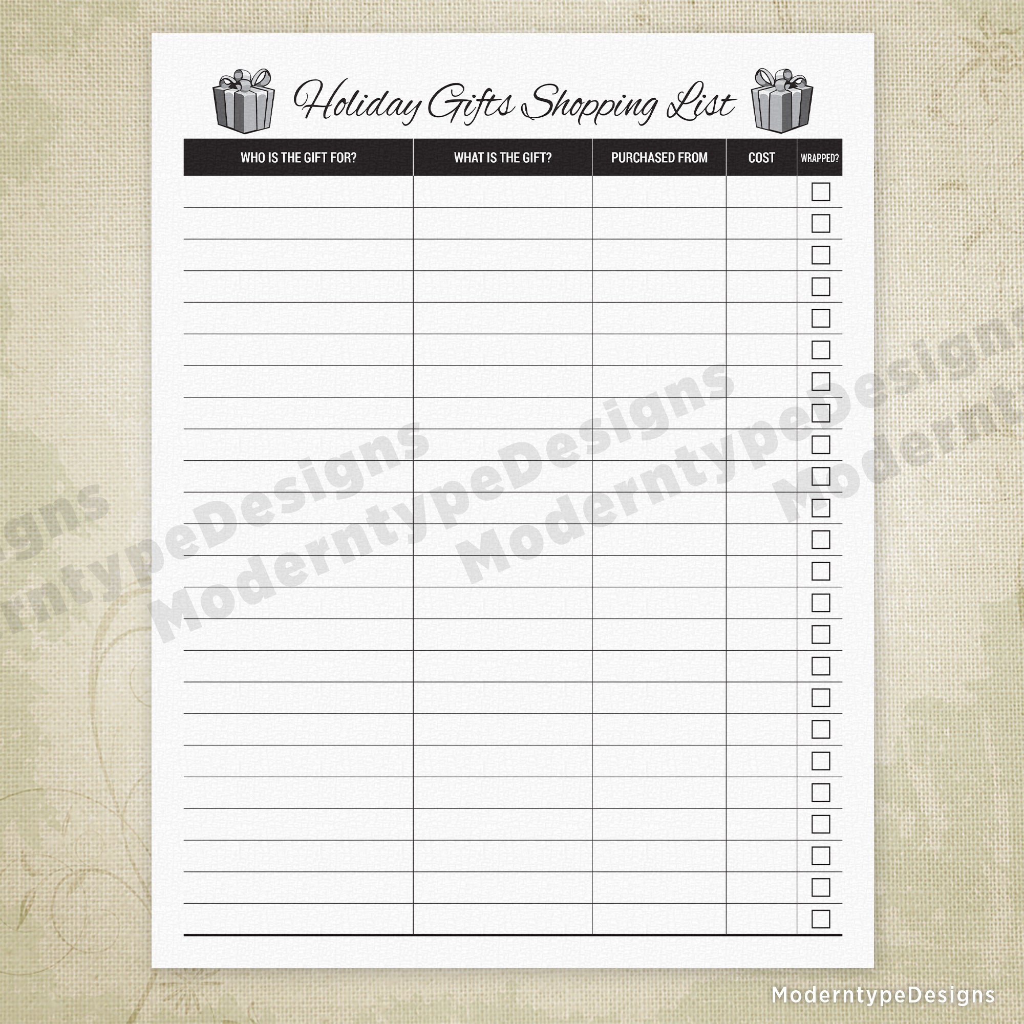 Holiday Gifts Shopping List Printable