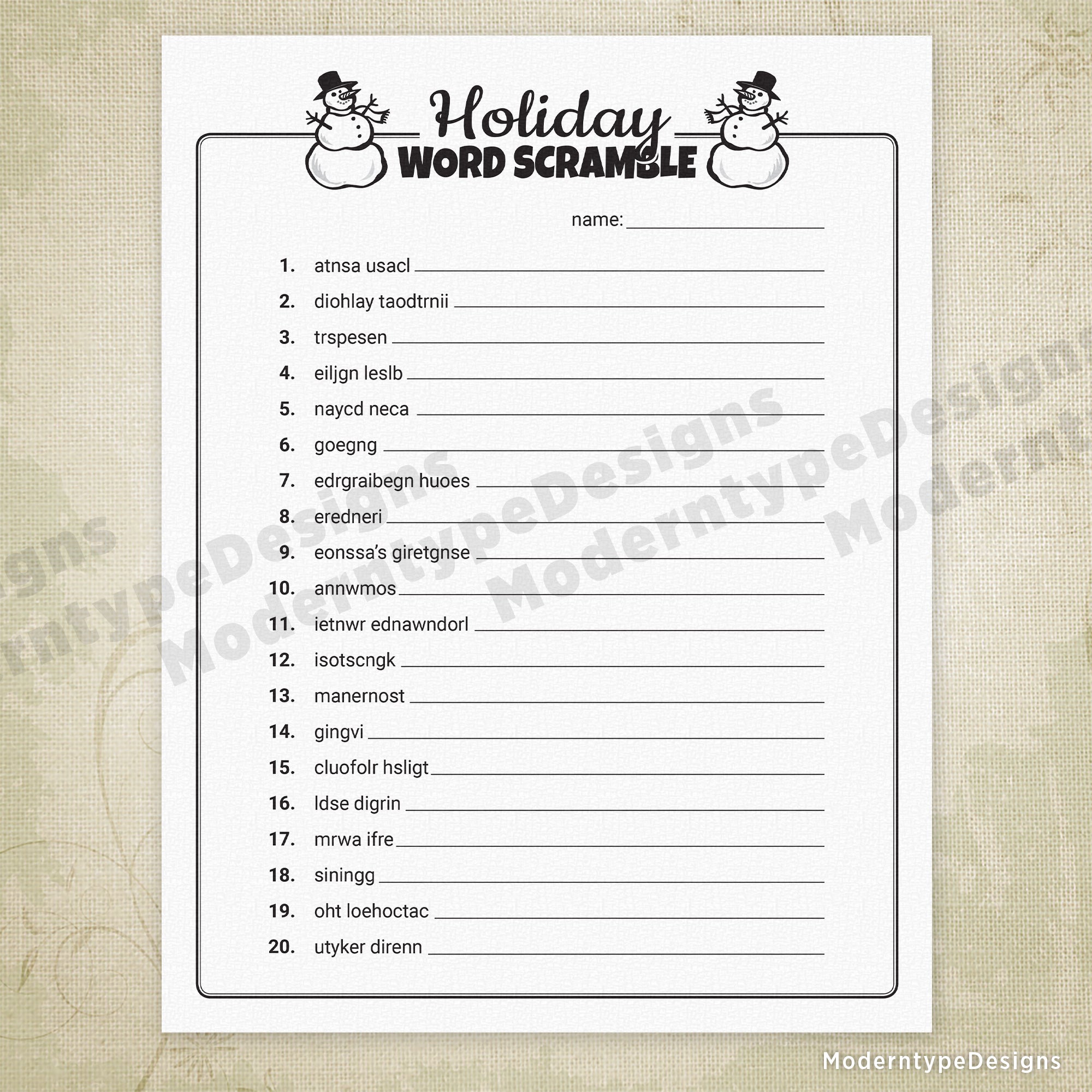 Holiday Word Scramble Game Printable