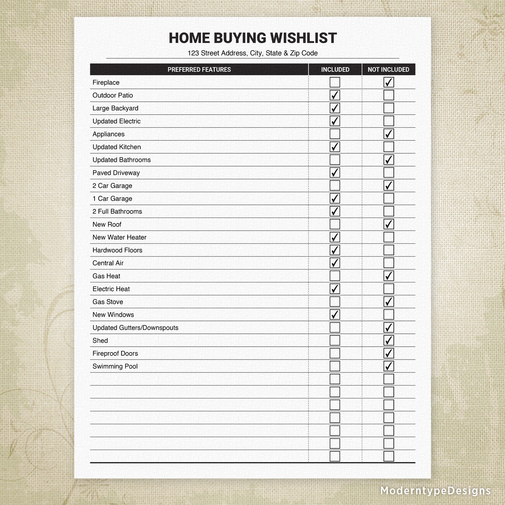 Home Buying Wishlist Printable, Editable