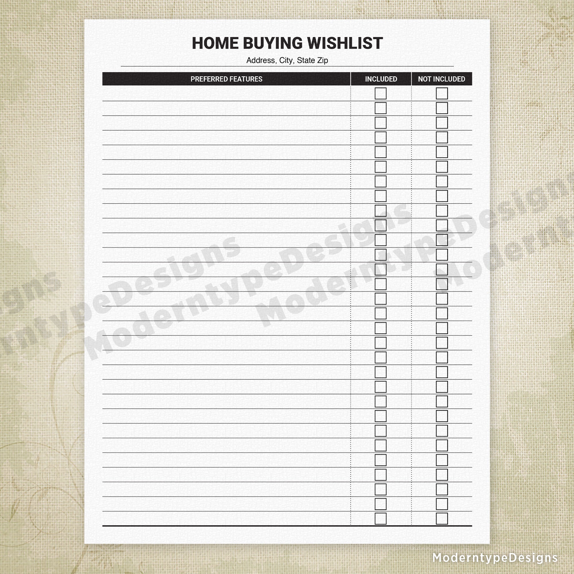 Home Buying Wishlist Printable, Editable