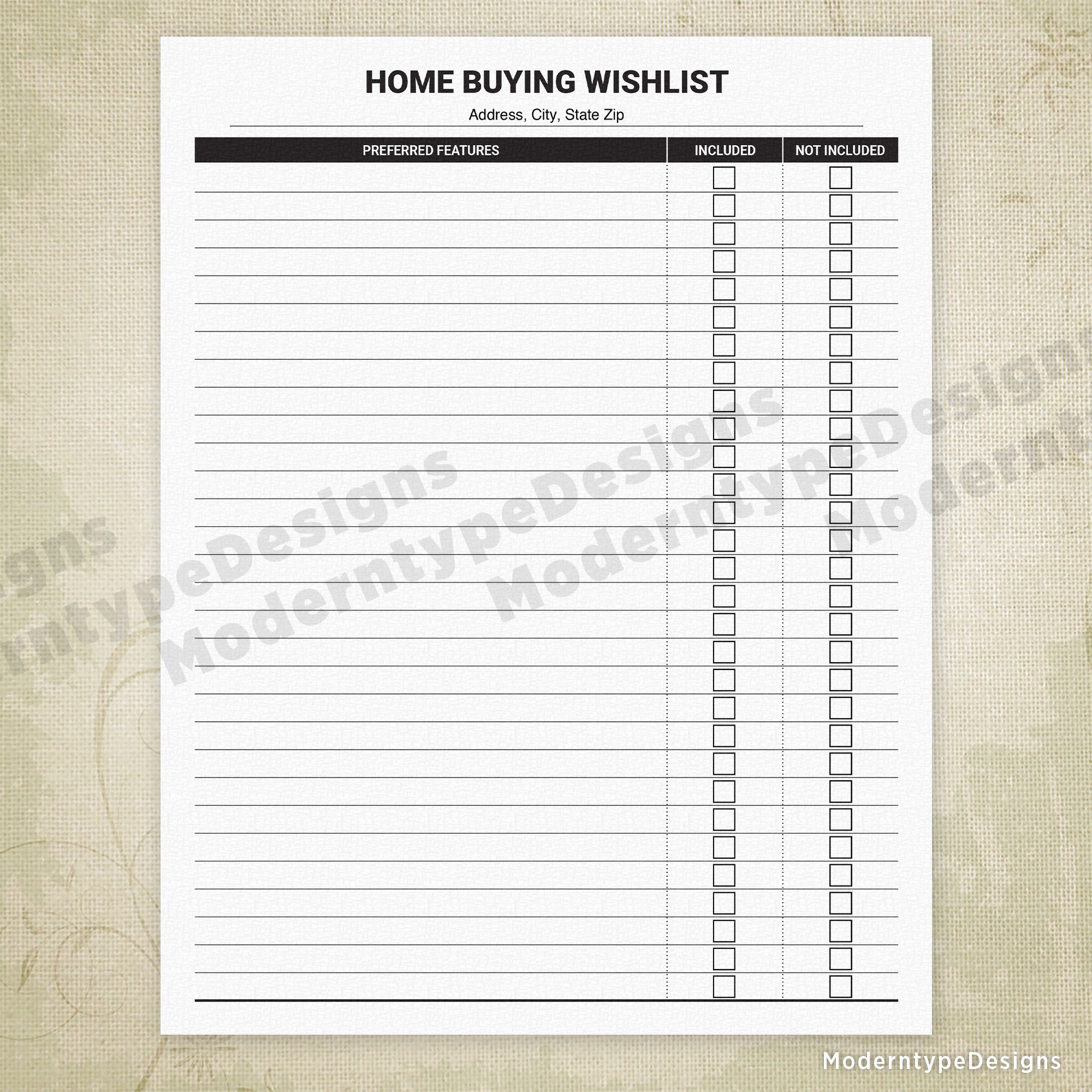 Home Buying Wishlist Printable Editable