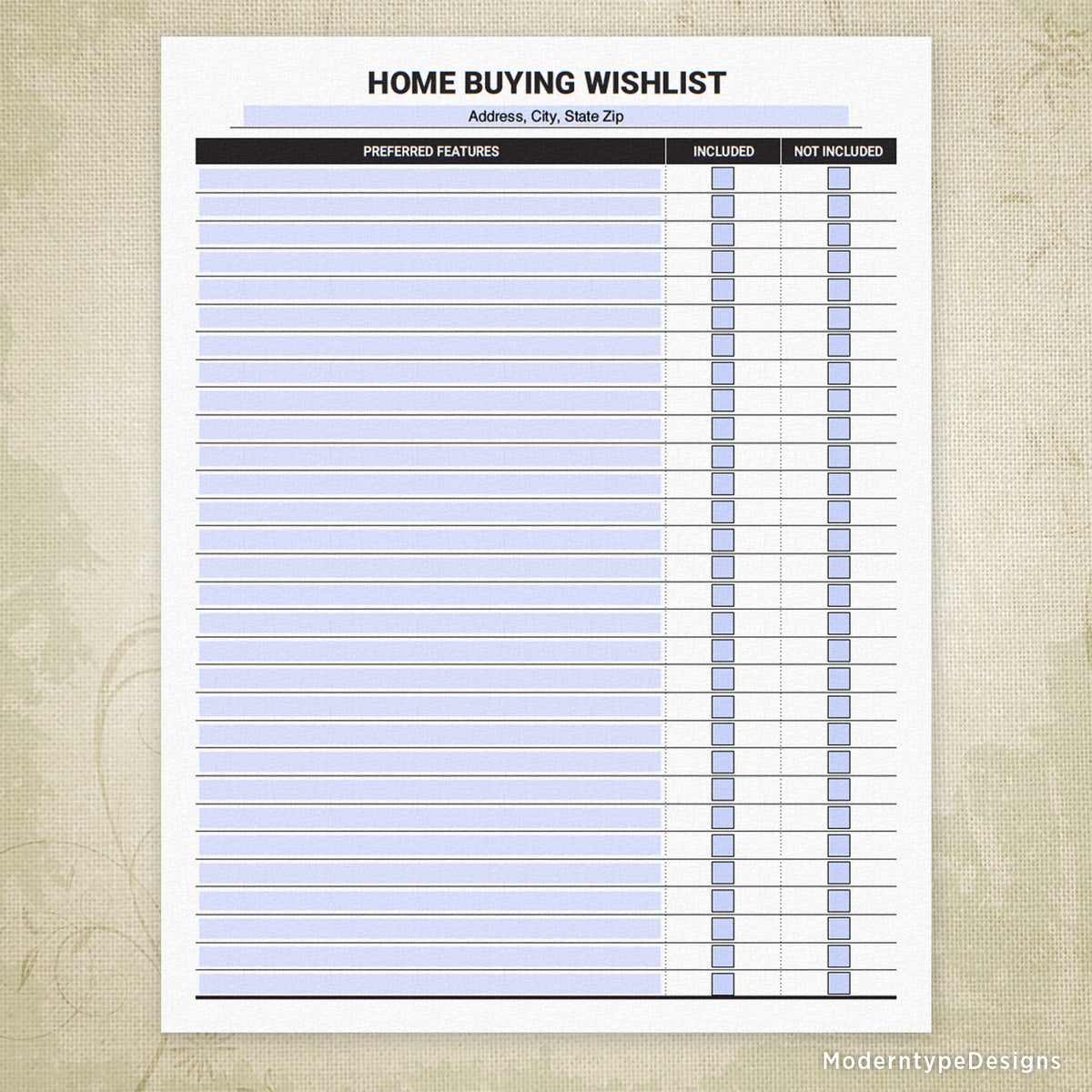 Home Buying Wishlist Printable Editable