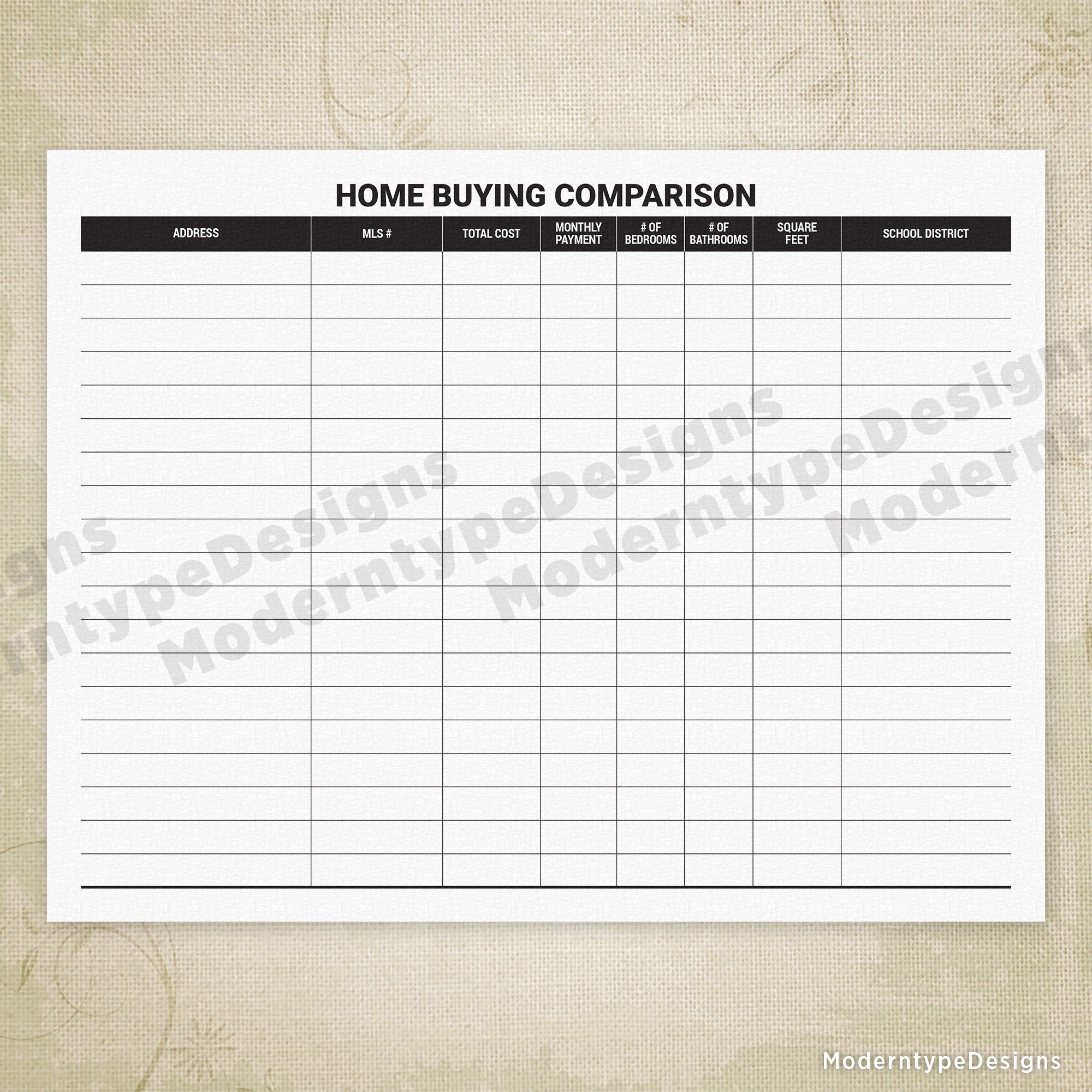 Home Buying Comparison Chart Printable