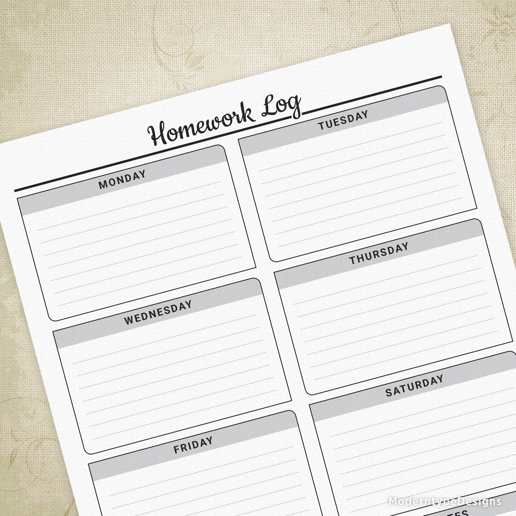 Homework Log Printable #2