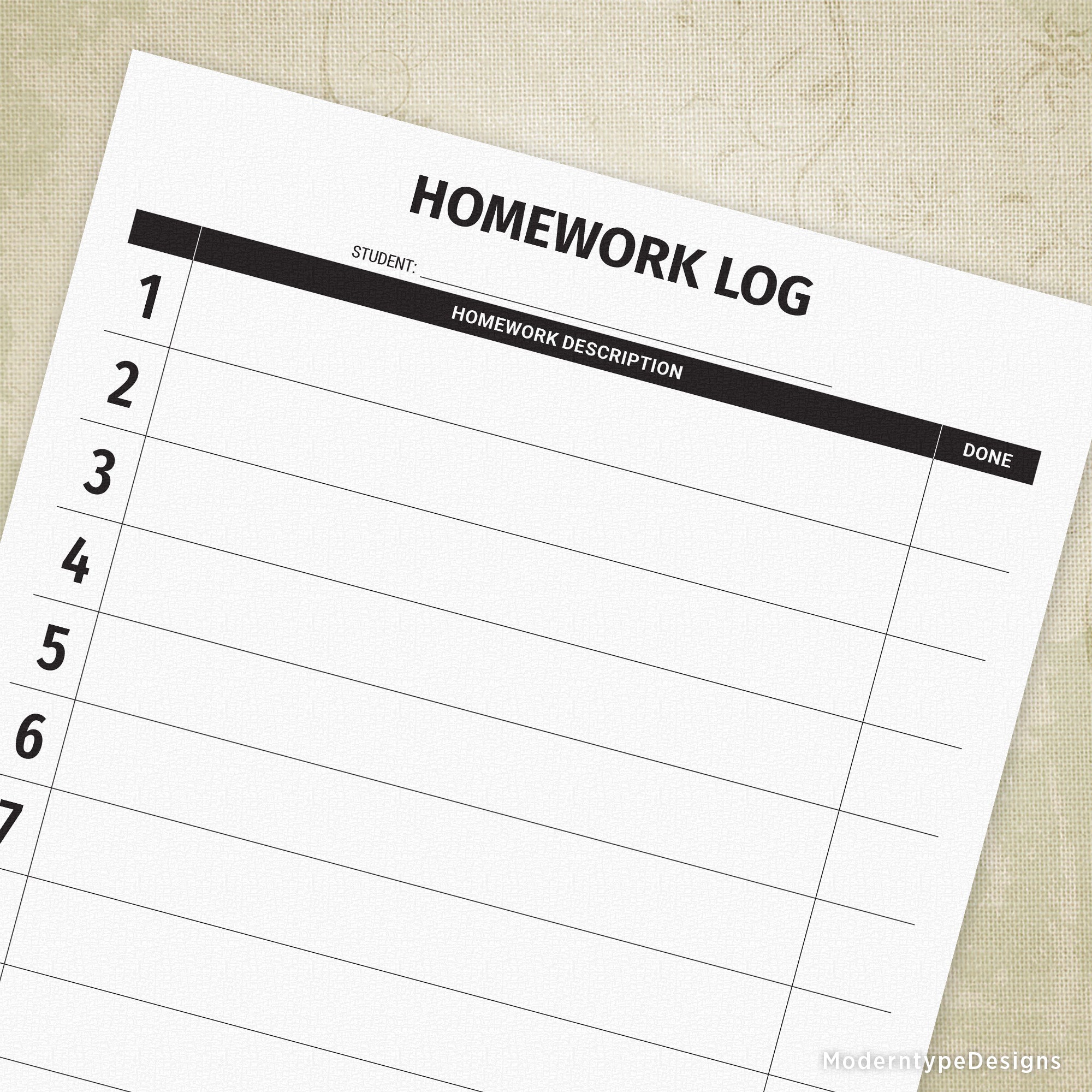Homework Log Printable #3