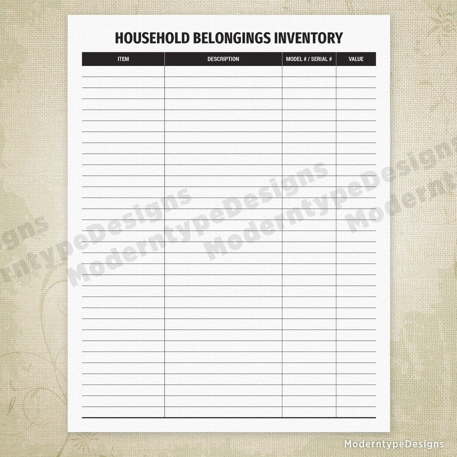Household Belongings Inventory Printable