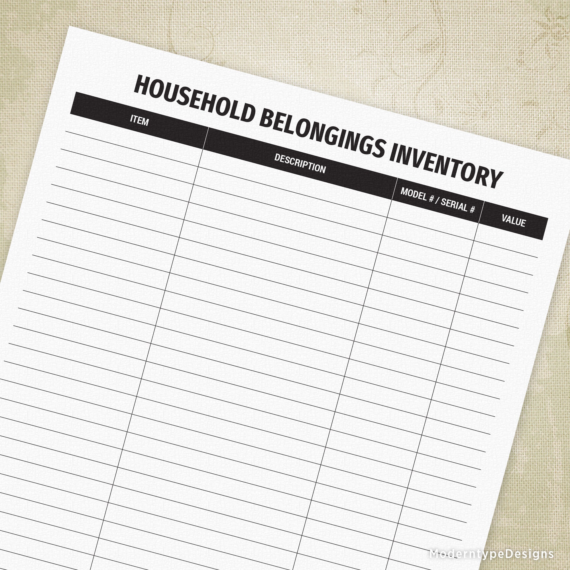 Household Belongings Inventory Printable