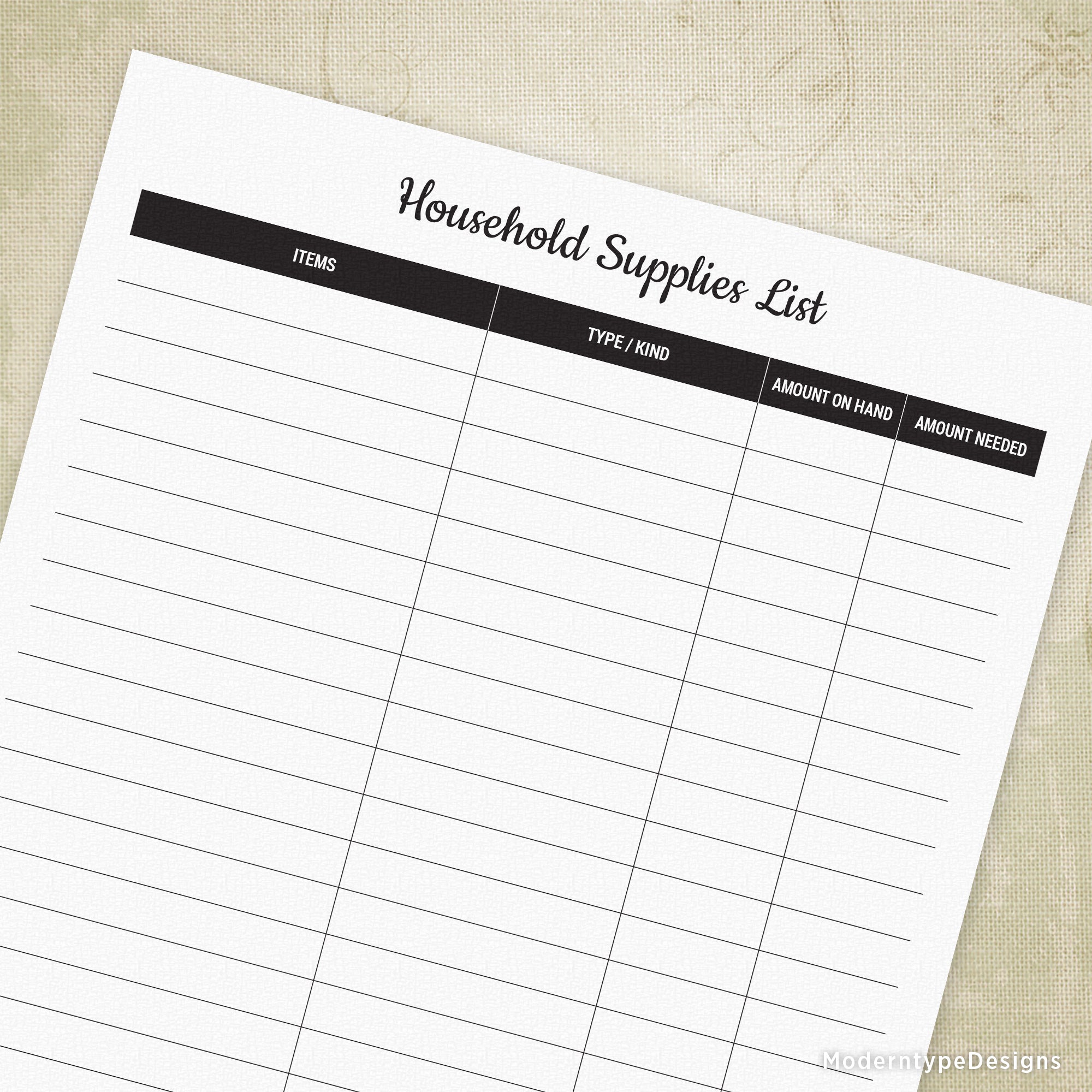 Household Supplies List Printable