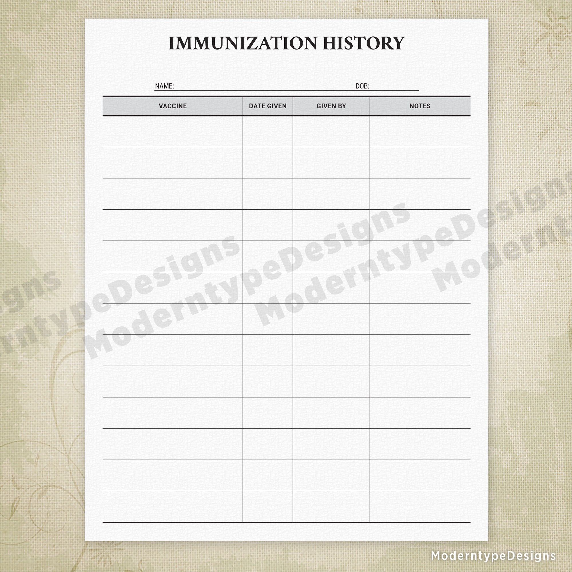 Immunization History Printable for Kids & Adults