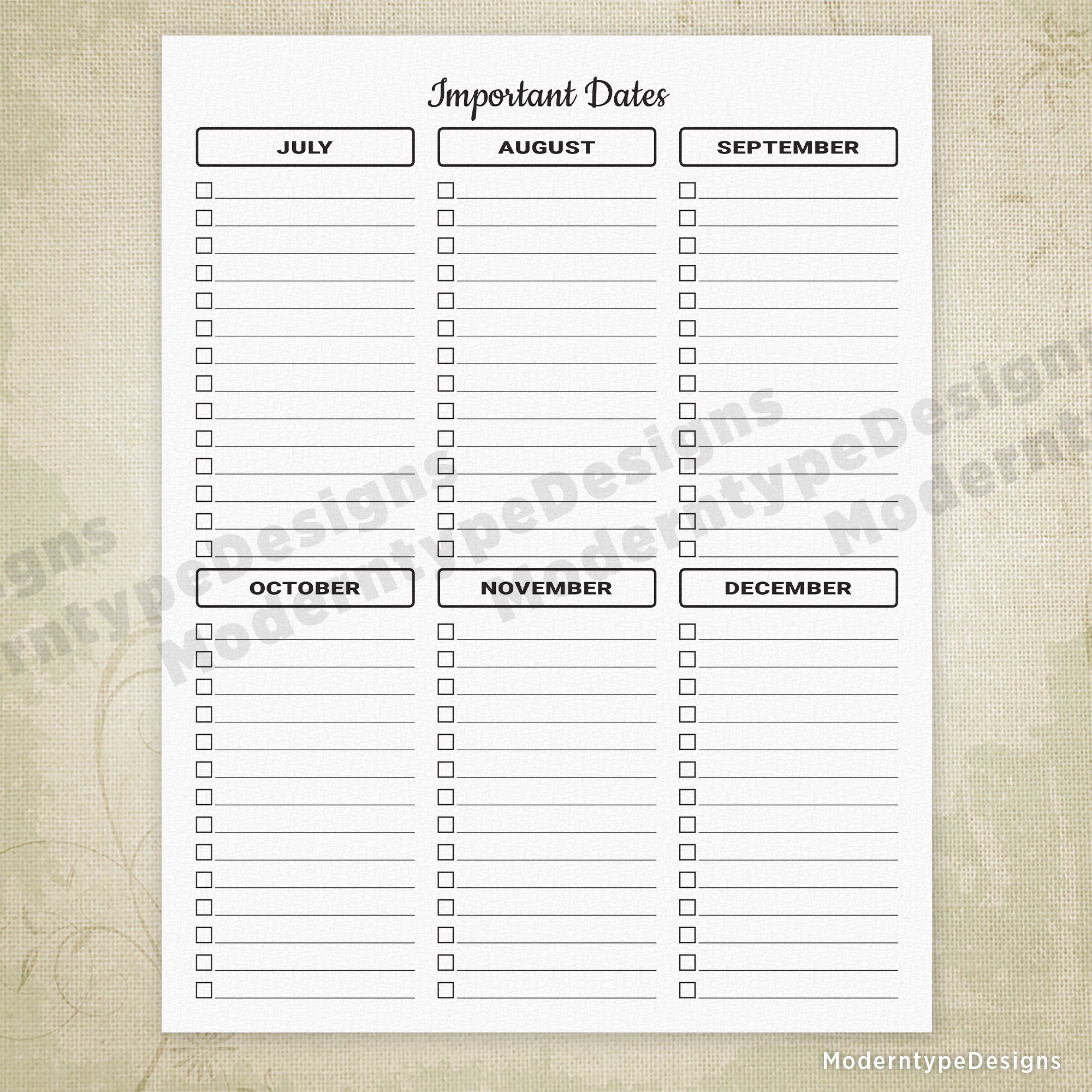 Important Dates Printable