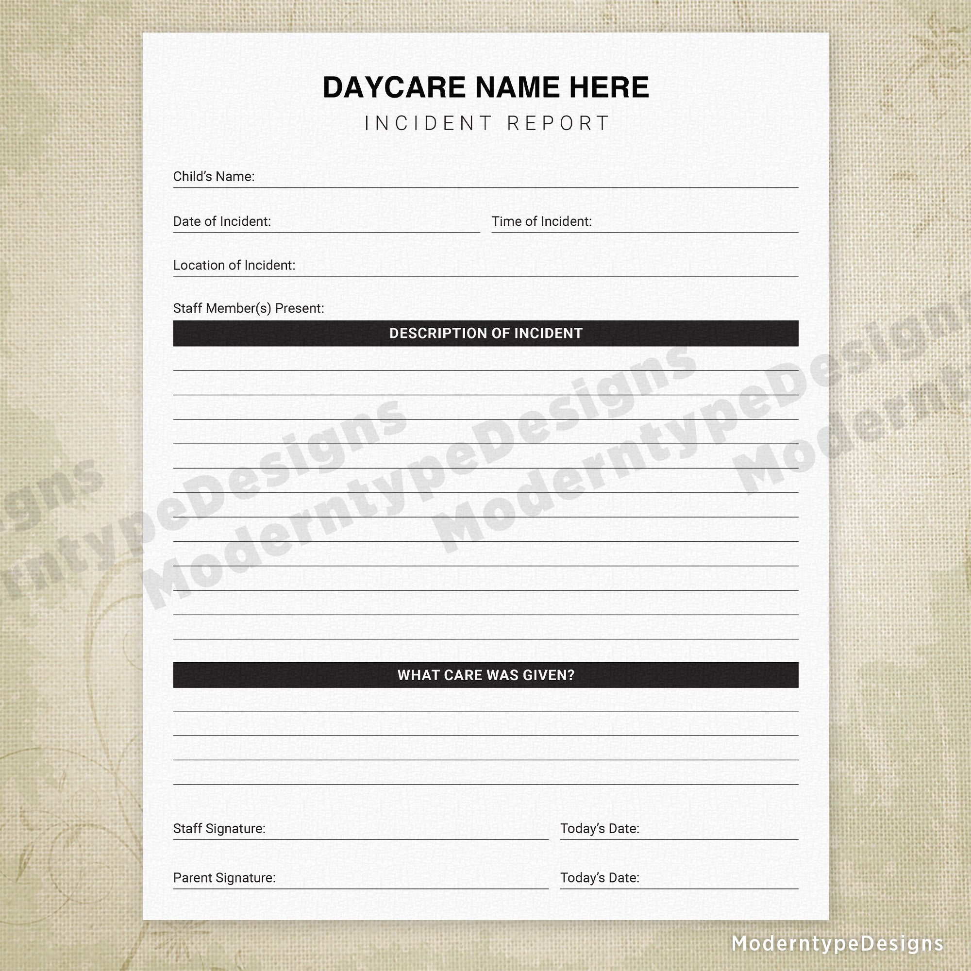 Child Incident Report Printable, Personalized