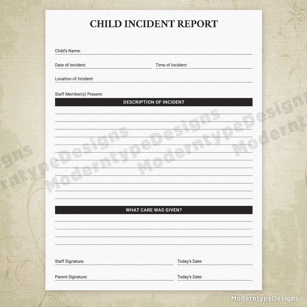 Child Incident Report Printable