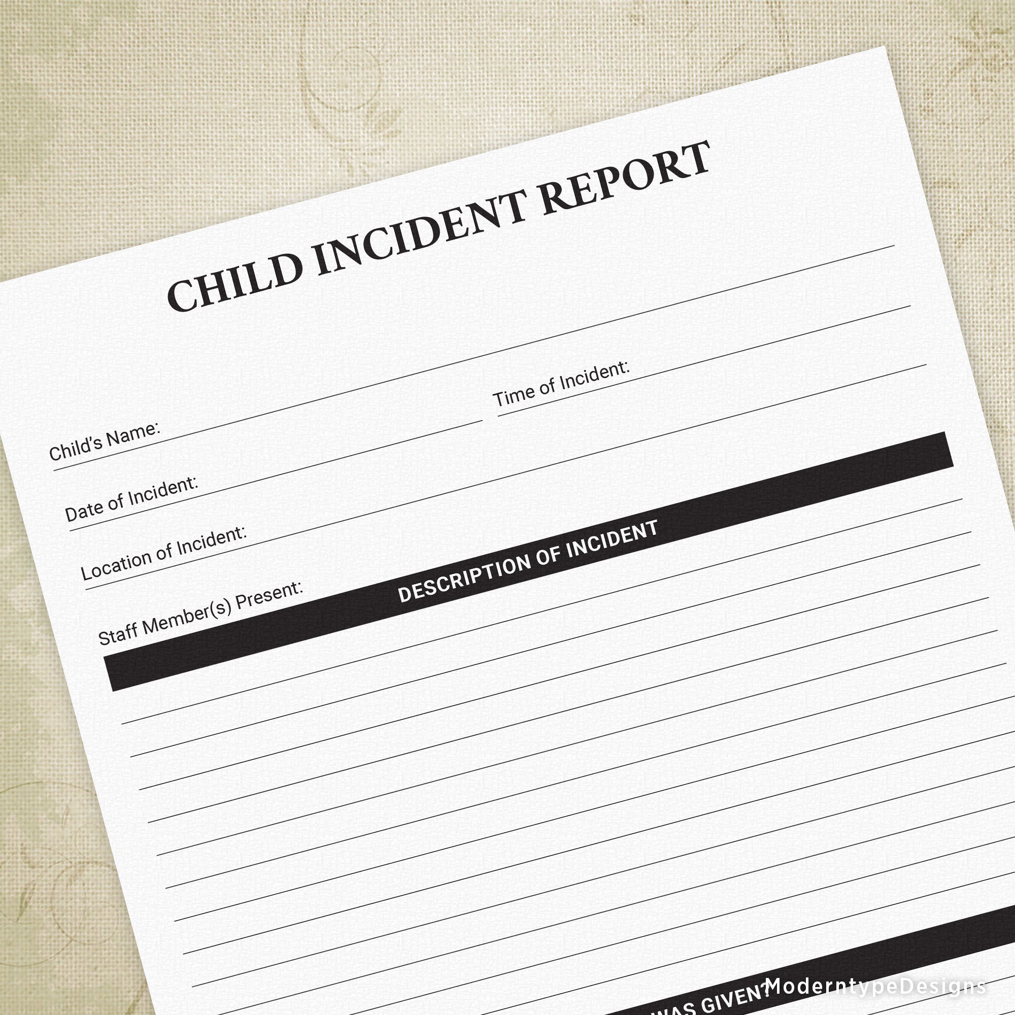 Child Incident Report Printable