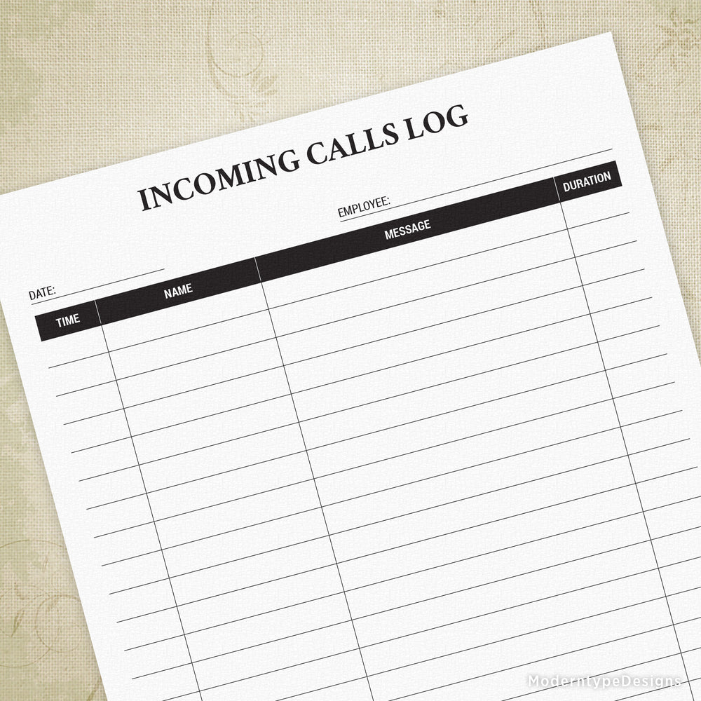 Incoming Calls Log Printable