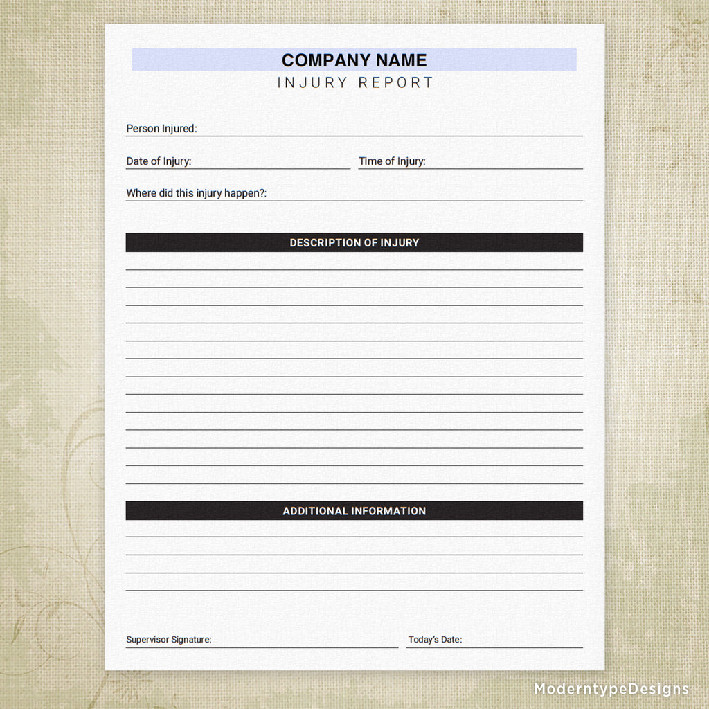 Sample Packets Injury Injury Report Printable, Personalized