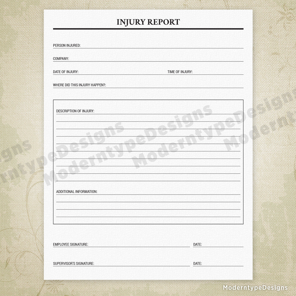 Completed Injuty Form Example Injury Report Printable