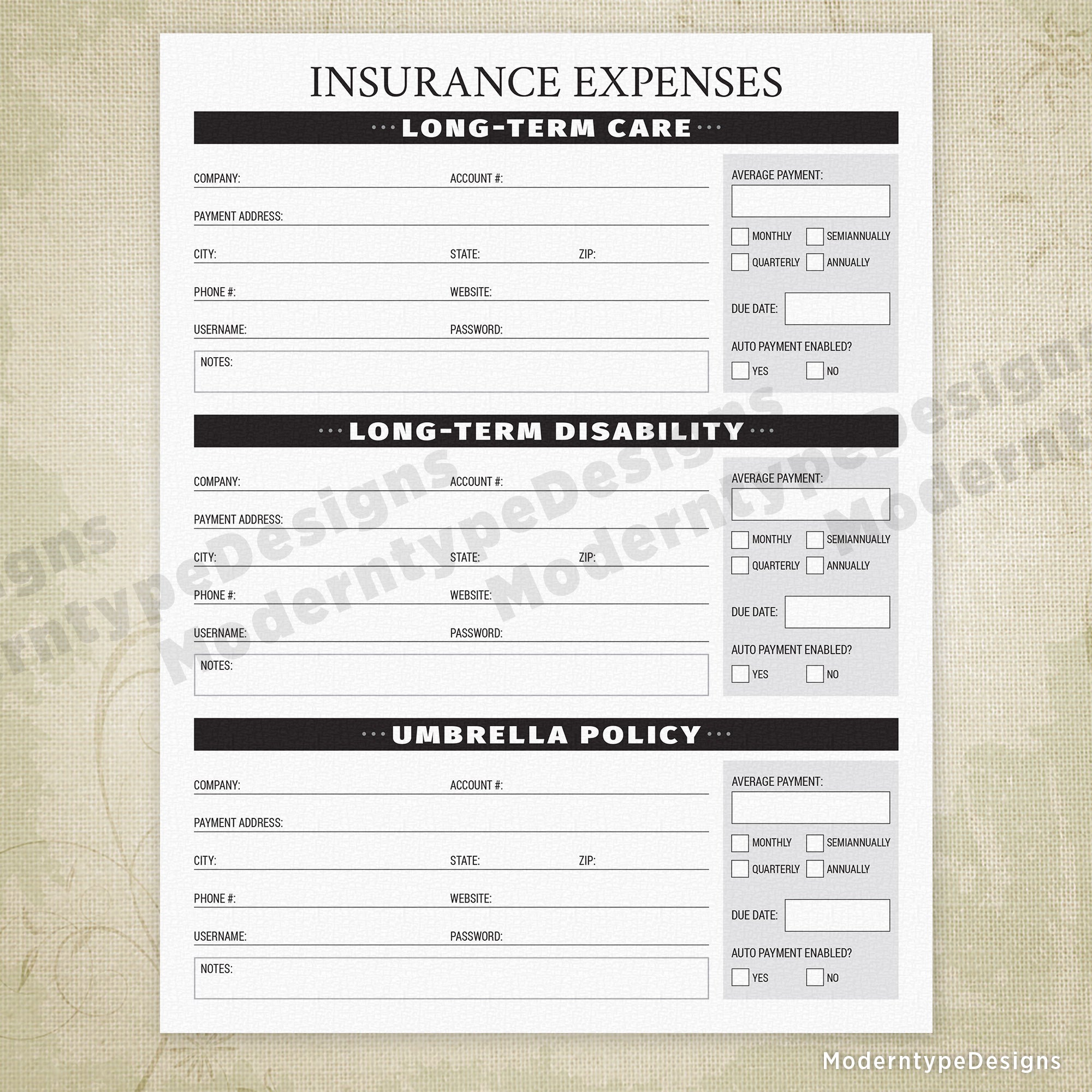 Insurance Expenses Printable - End of Life