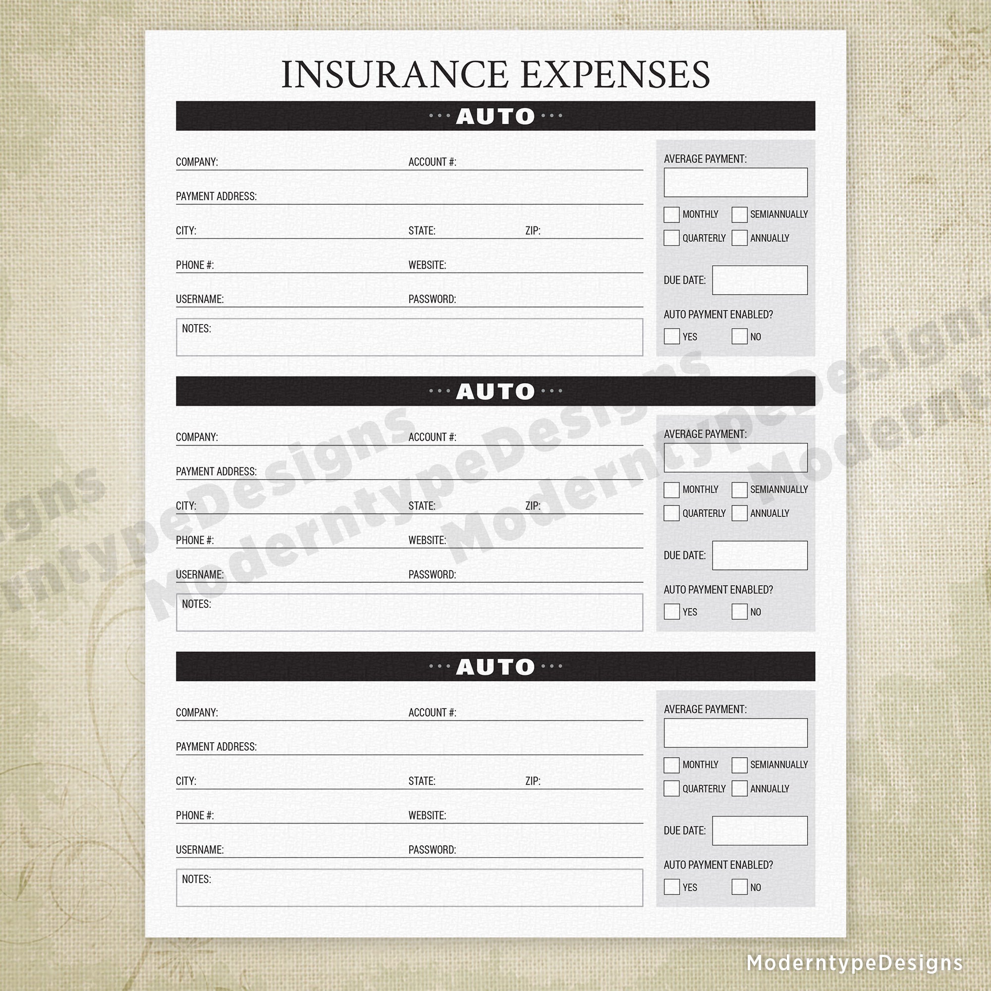 Insurance Expenses Printable - End of Life