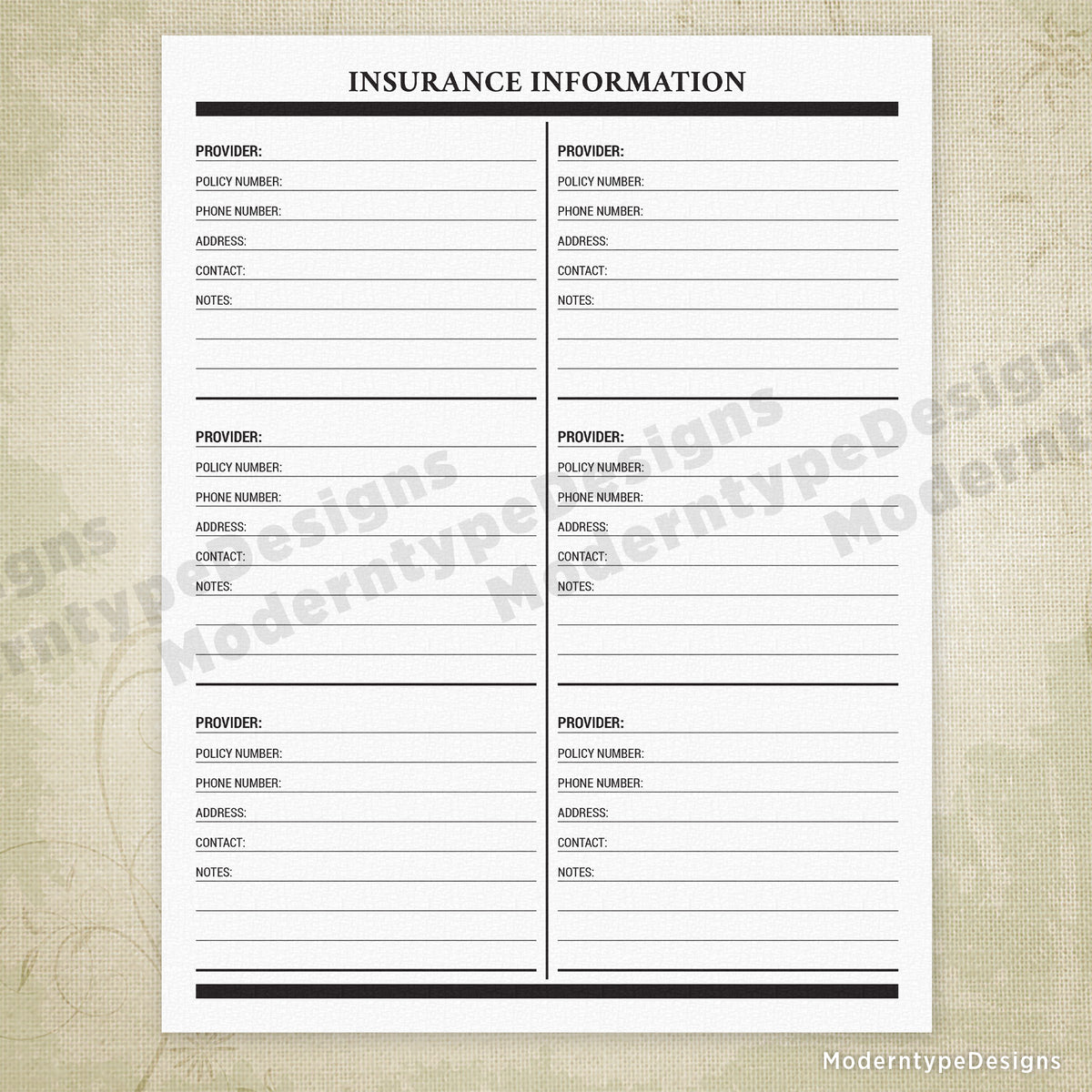 Insurance Information Printable
