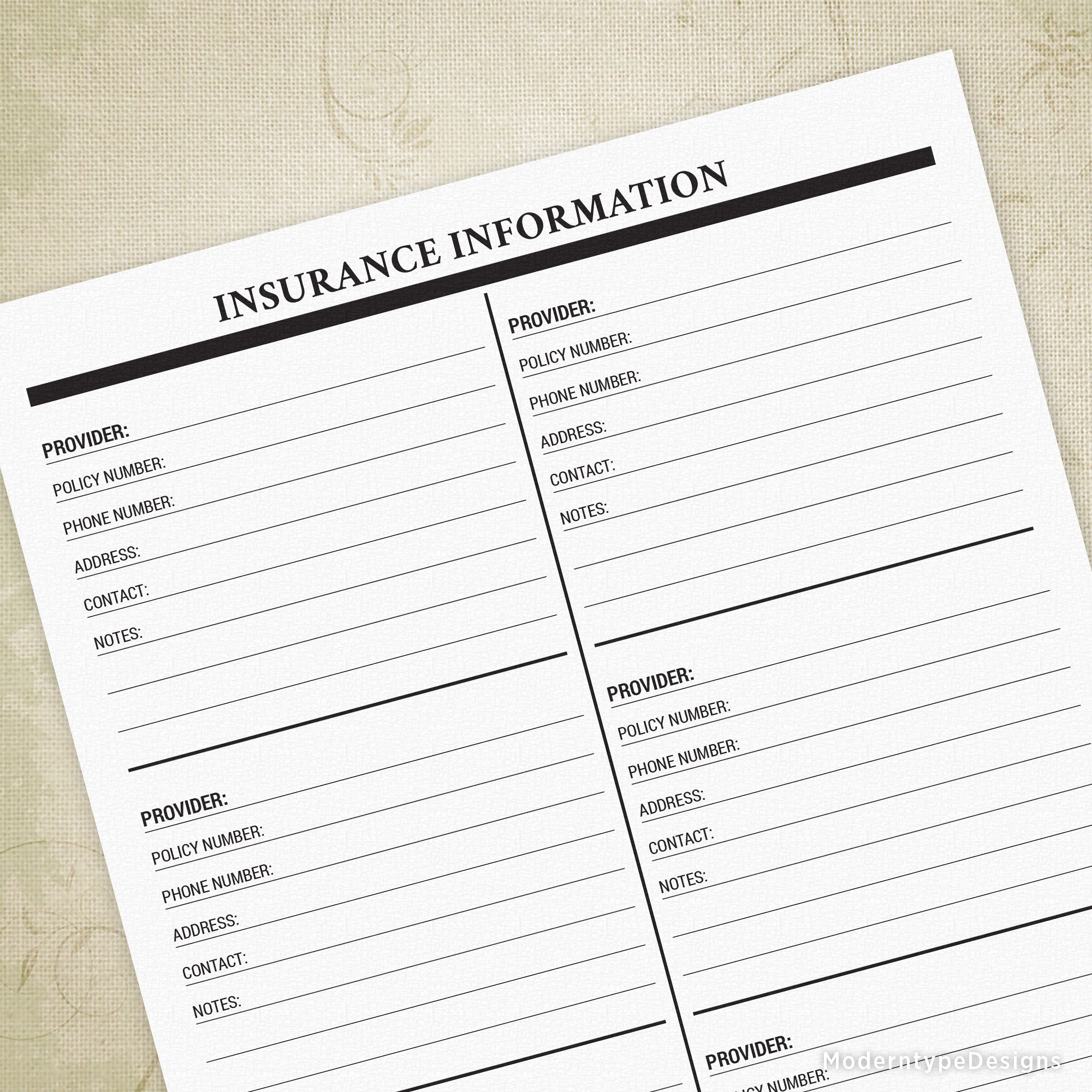 Insurance Information Printable