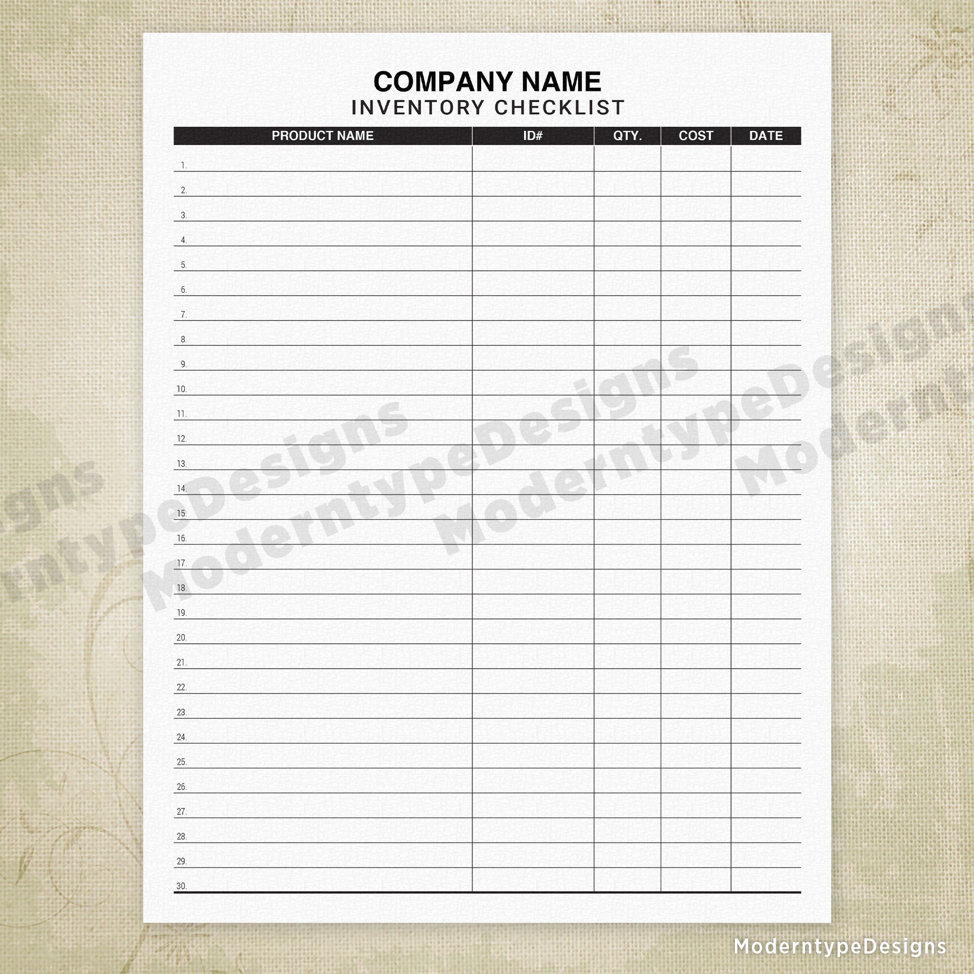 Inventory Checklist Tracker Printable, Personalized