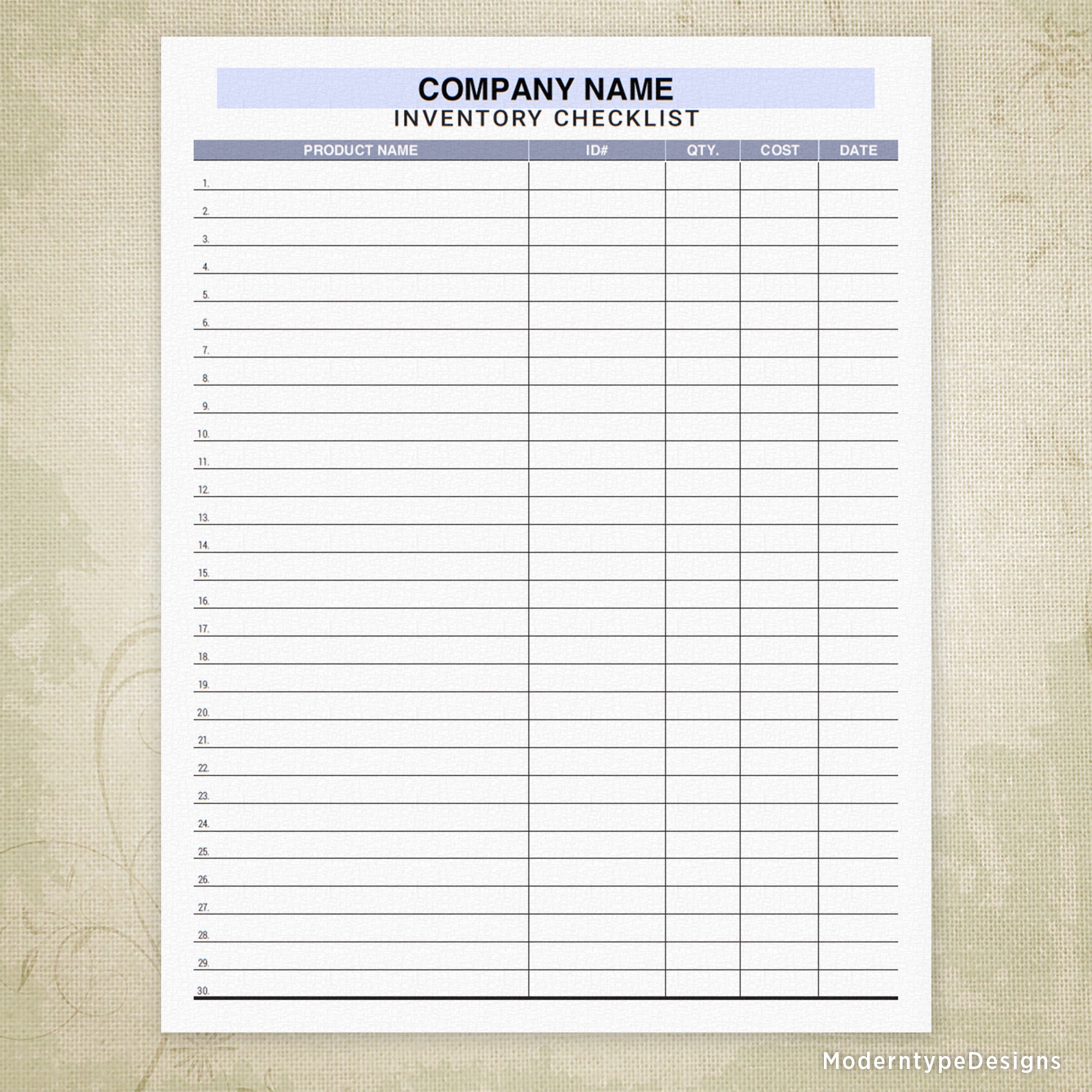 Inventory Checklist Tracker Printable, Personalized