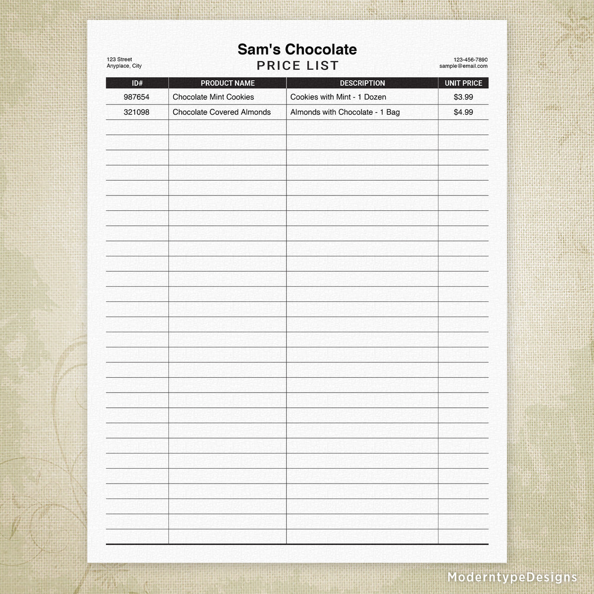 Price List Printable Form Editable