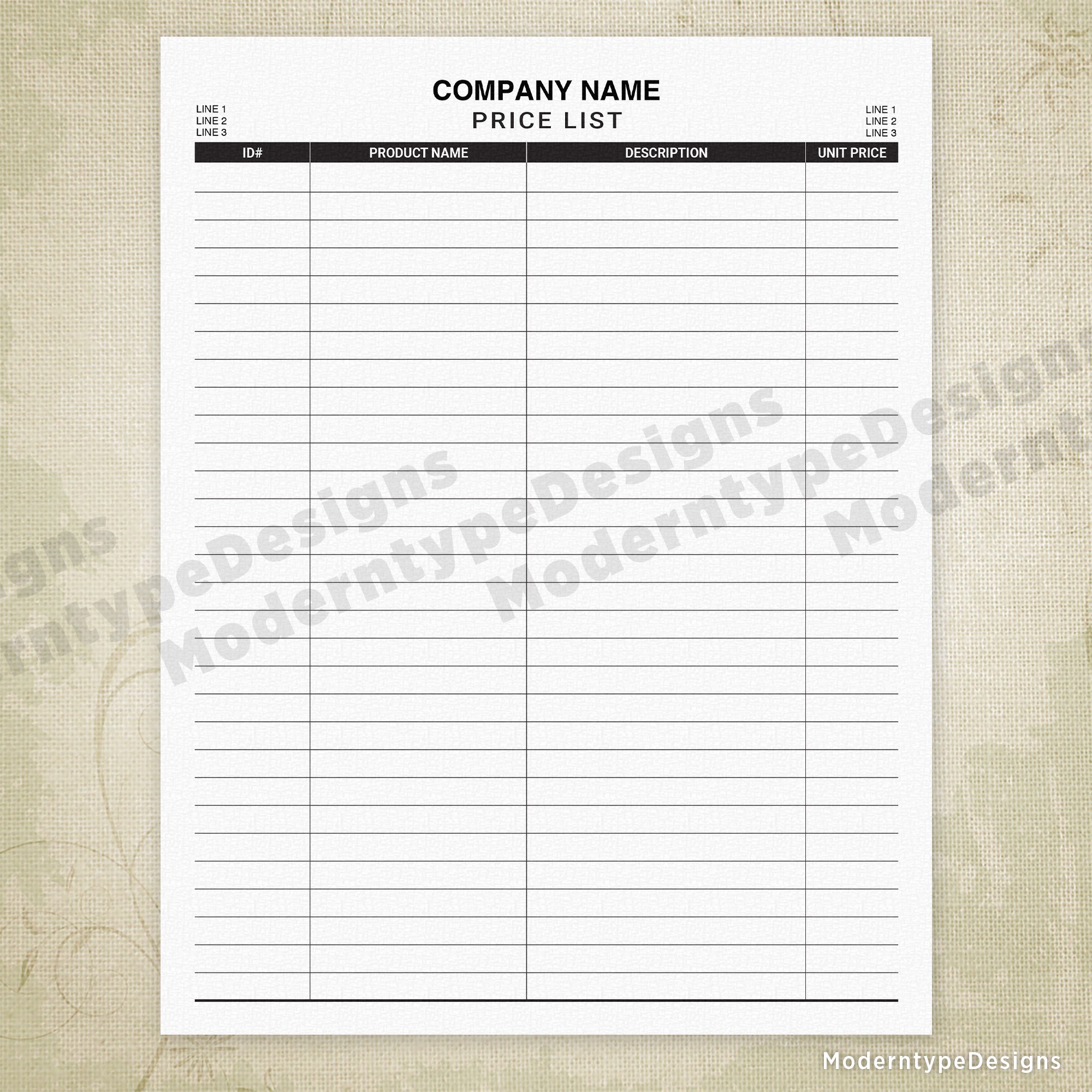 Price List Printable Form, Editable
