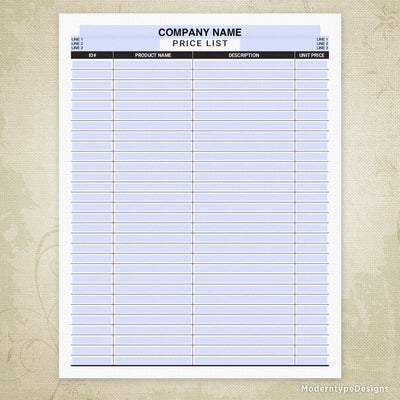Price List Printable Form, Editable