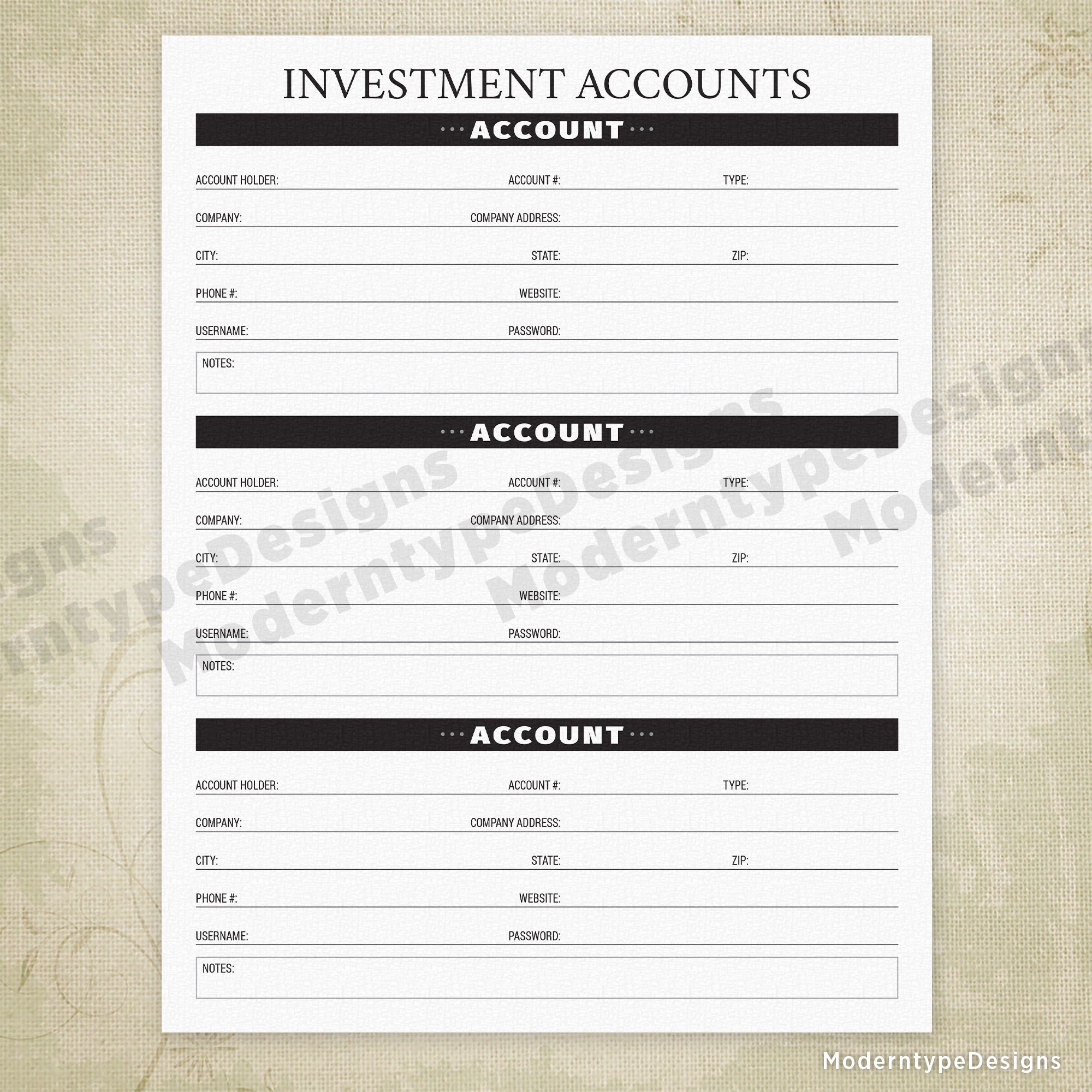 Investment Accounts Printable - End of Life