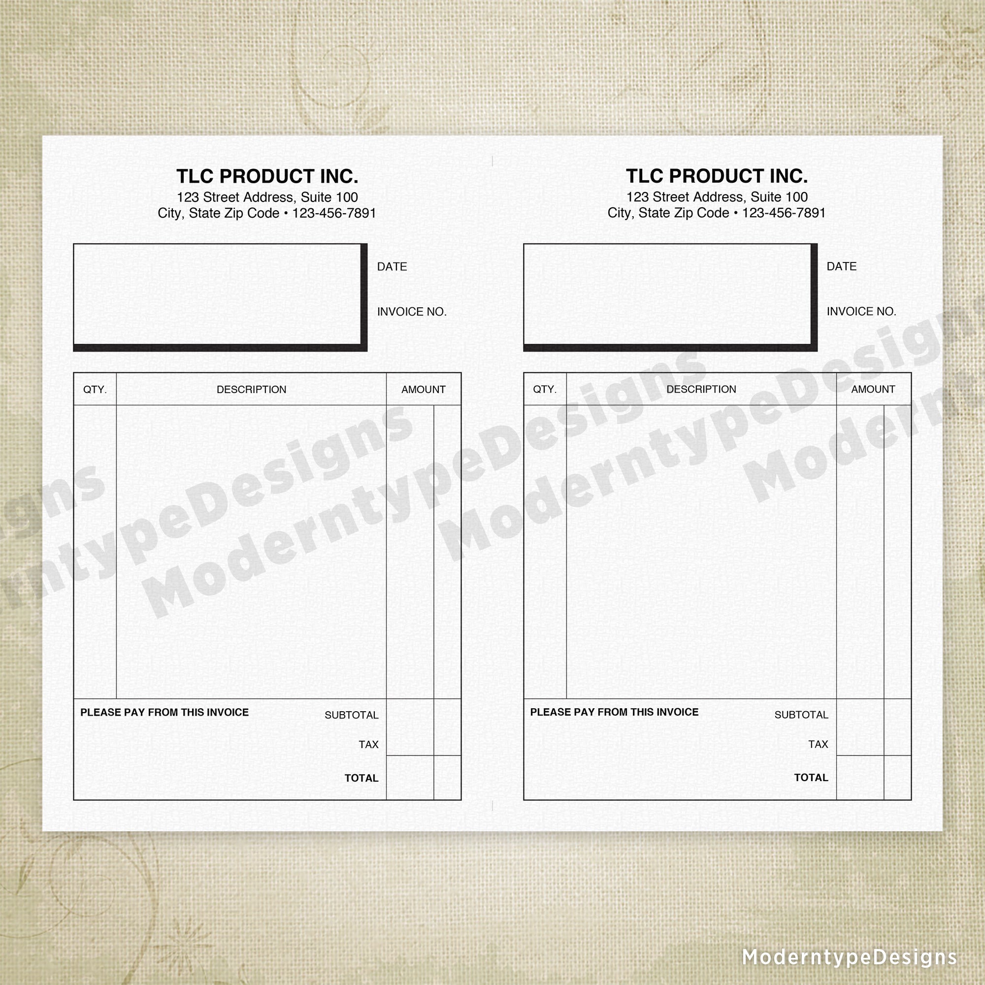 Invoice Form Printable, 5.5 x 8.5" Half Sheet, Personalized, #1