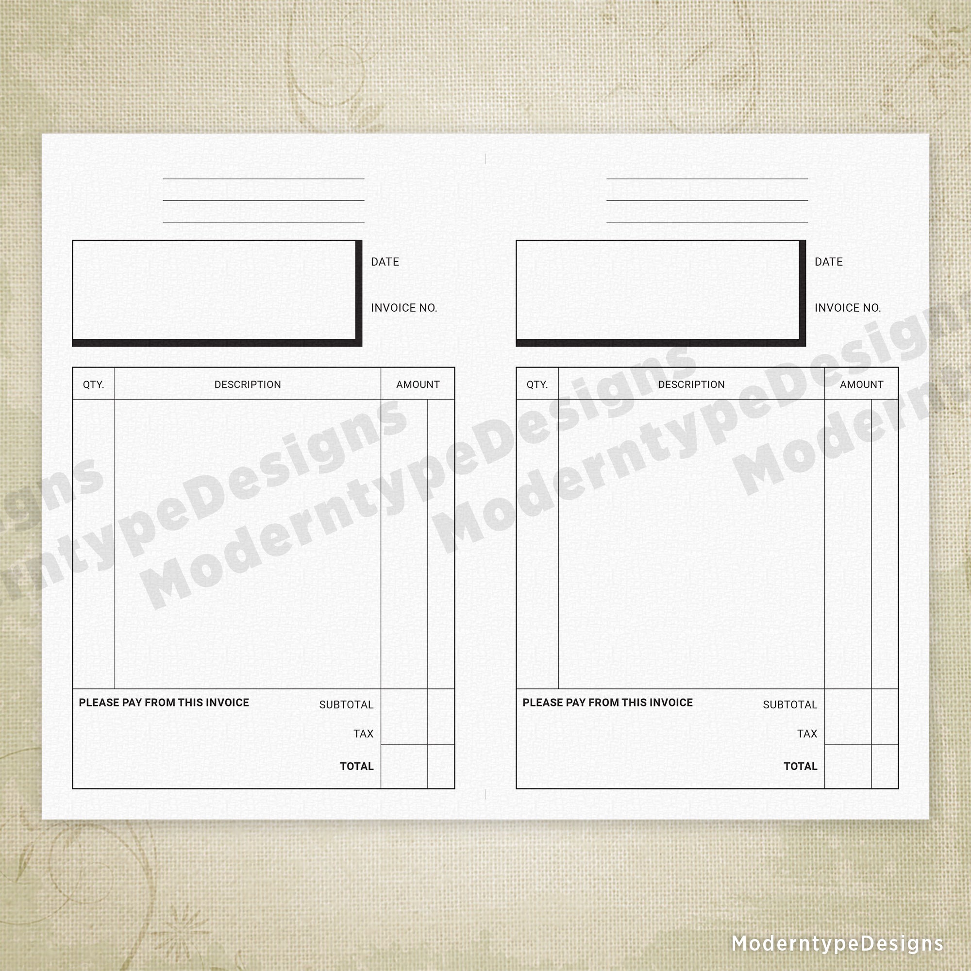 Invoice Form Printable, 5.5 x 8.5", Half Sheet, #2