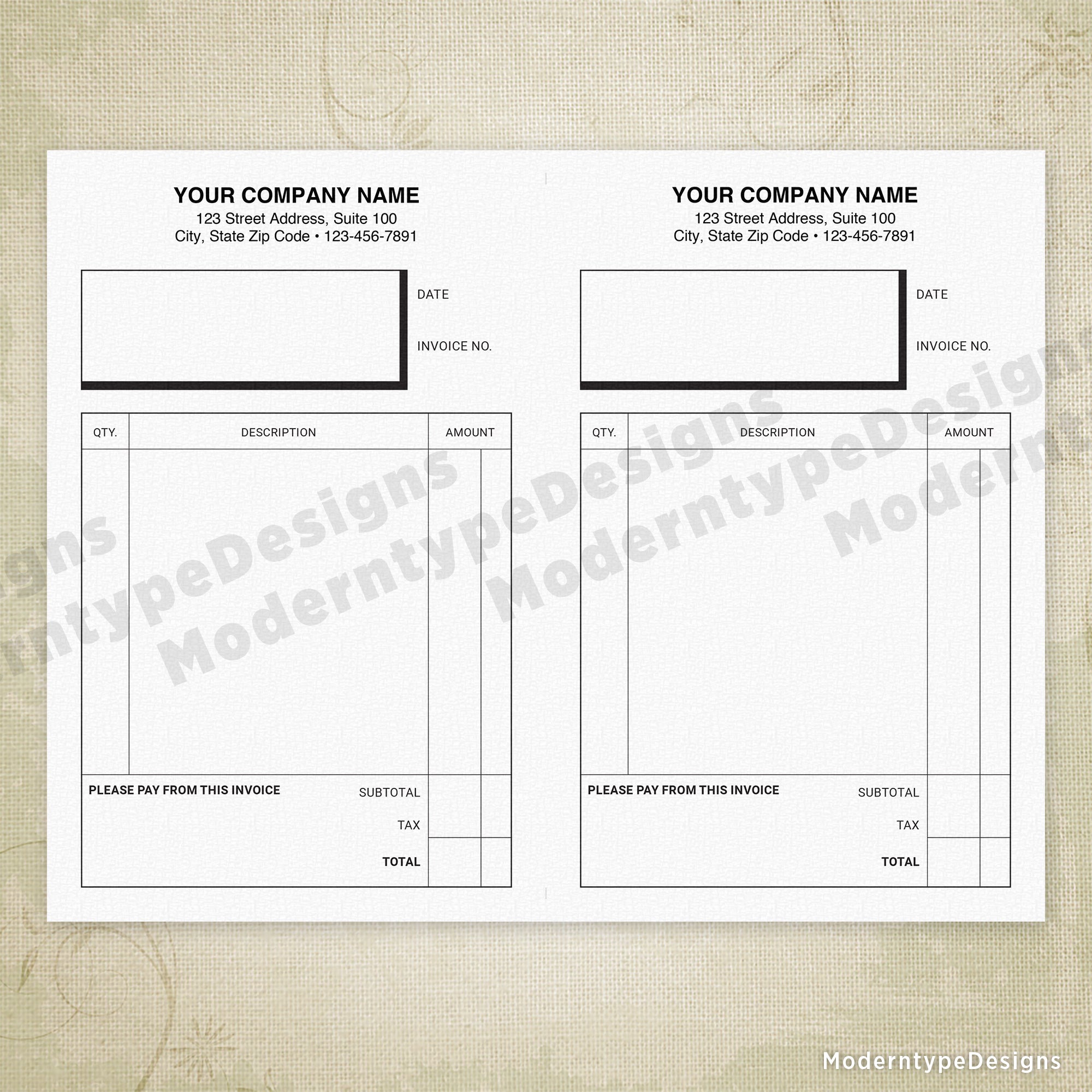 Invoice Form Printable, 5.5 x 8.5" Half Sheet, Personalized, #3