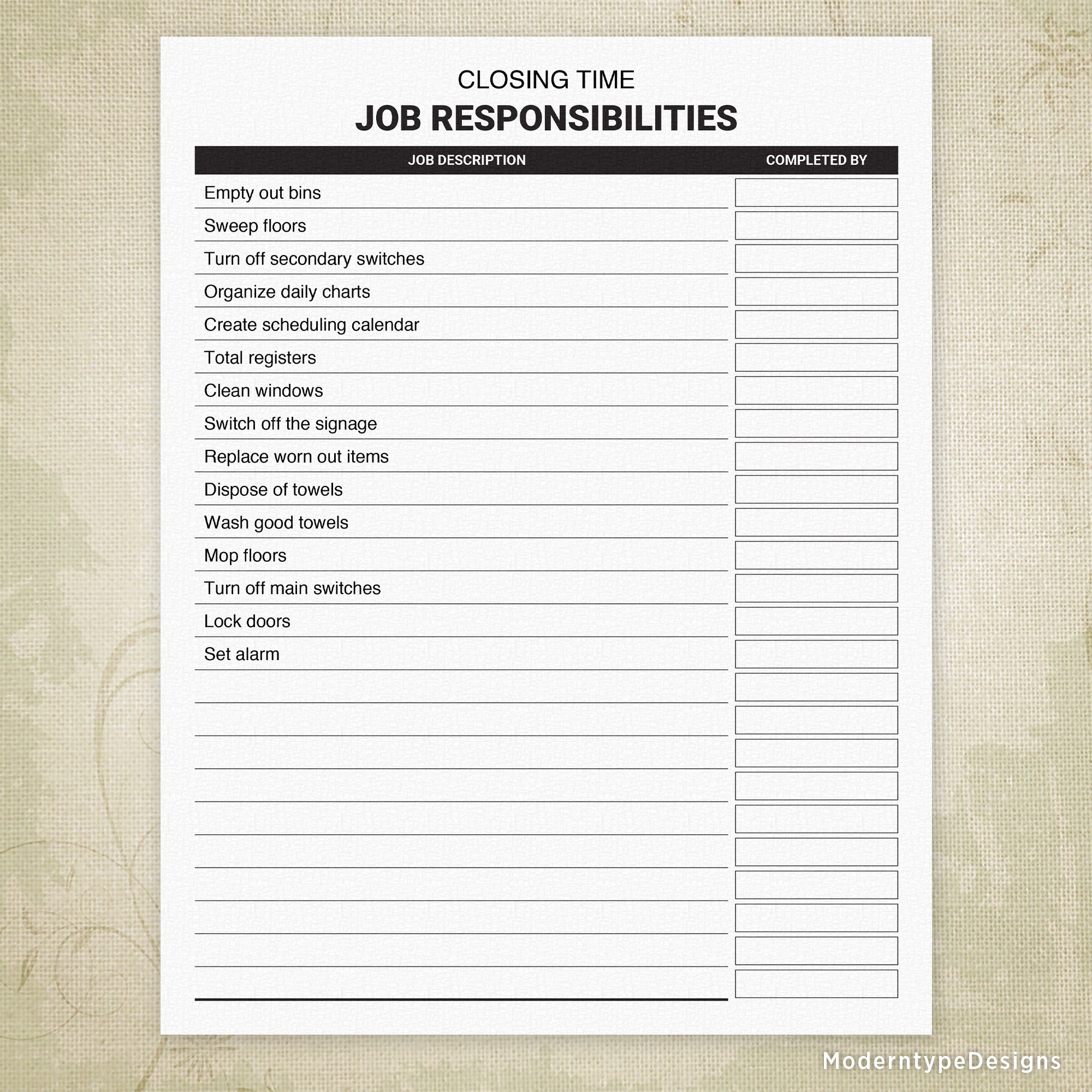 Job Responsibilities Checklist Printable, Editable