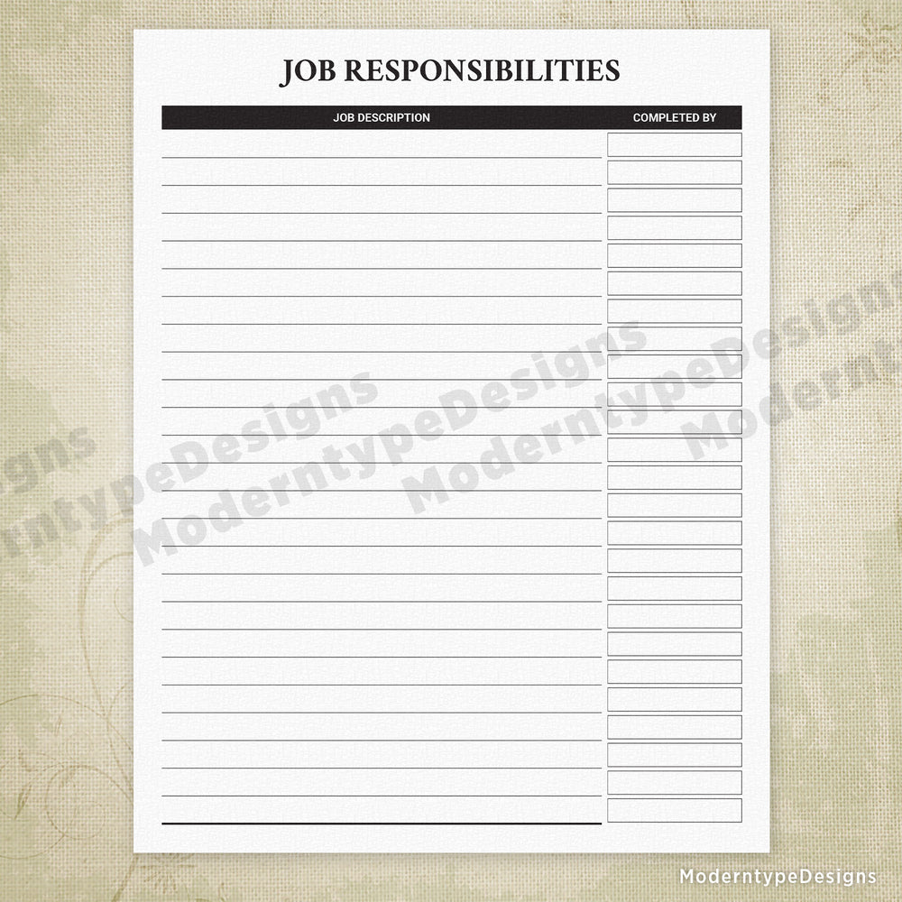 Job Responsibilities Checklist Printable
