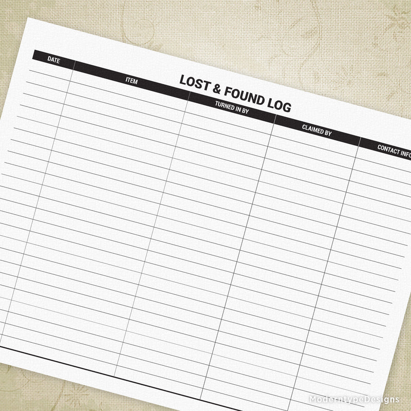 Lost and Found Log Printable