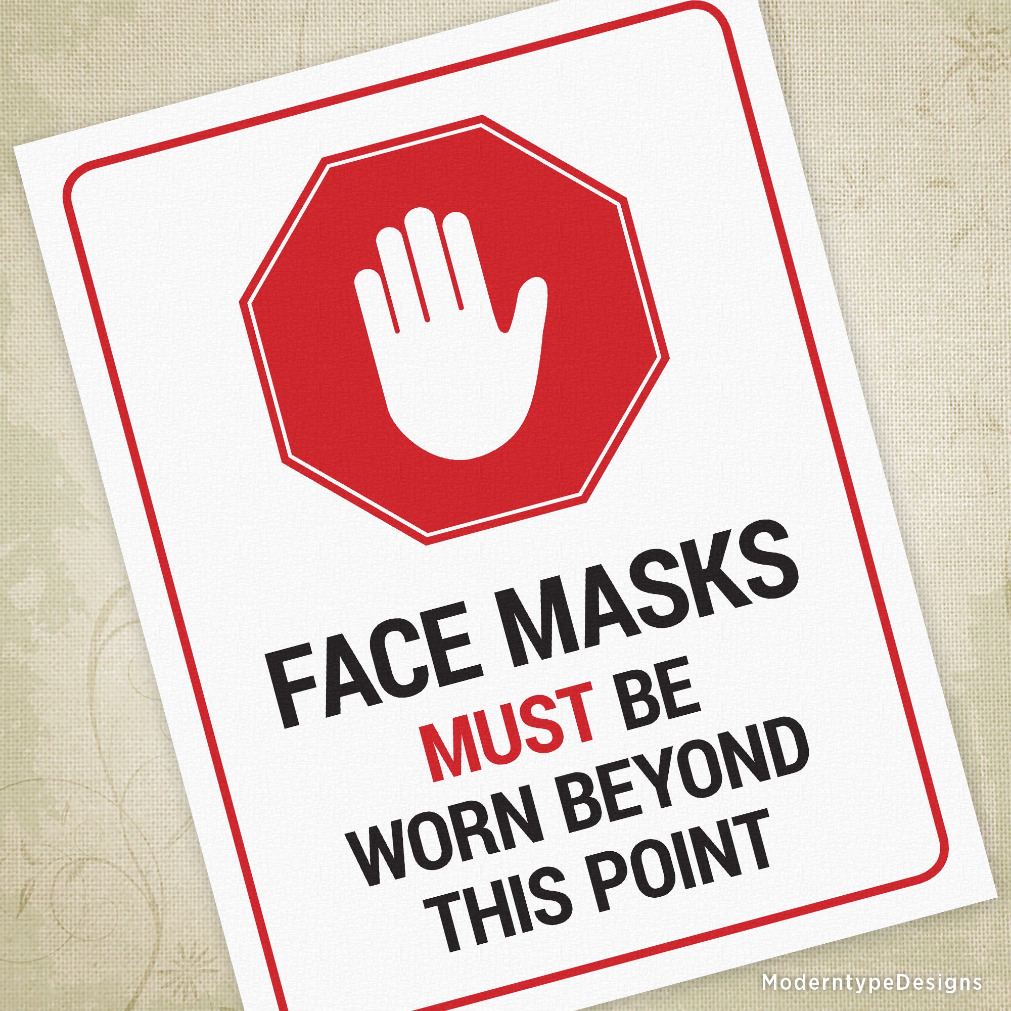 Face Masks Must Be Worn Beyond This Point Printable Sign