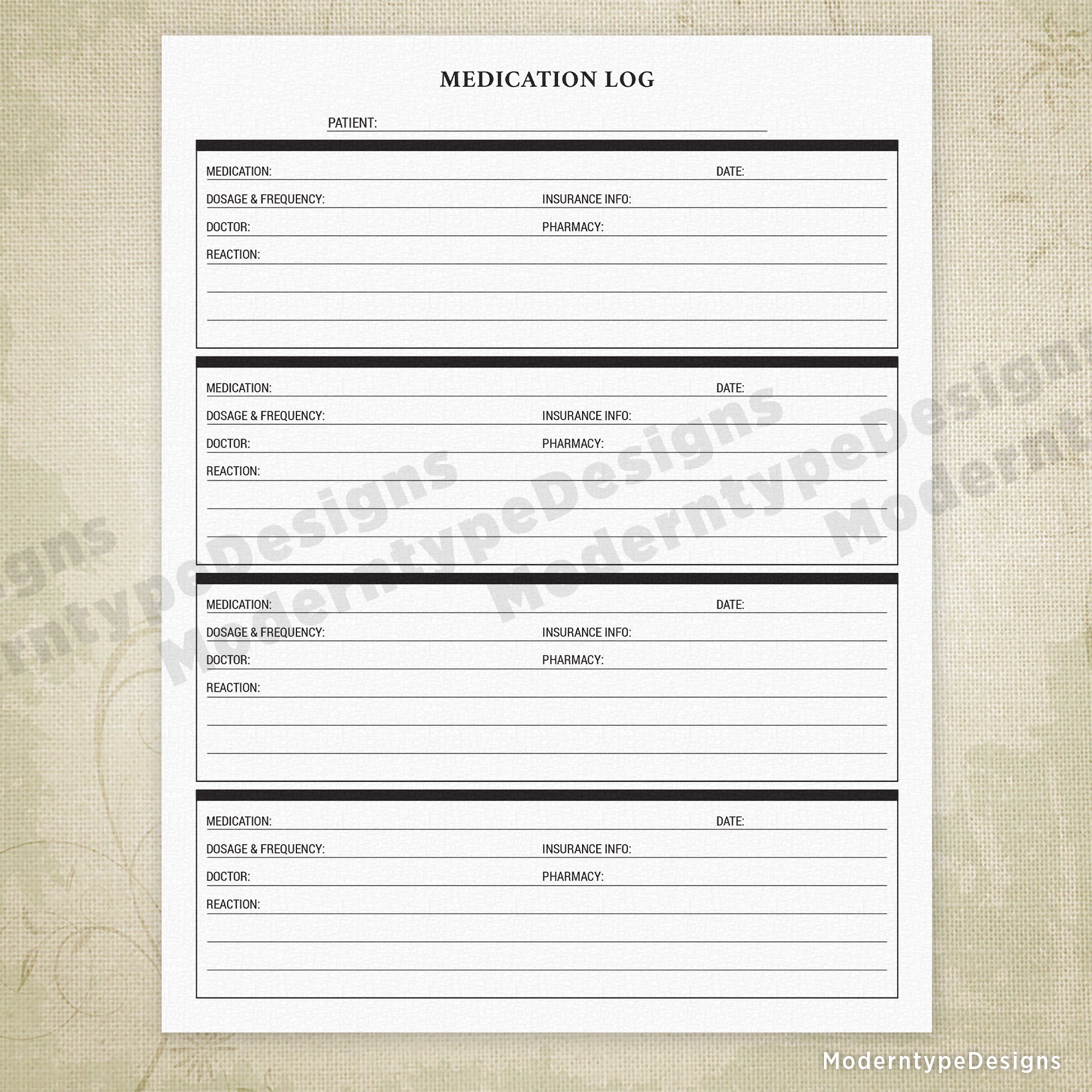 Medication Log Printable Form for Patients
