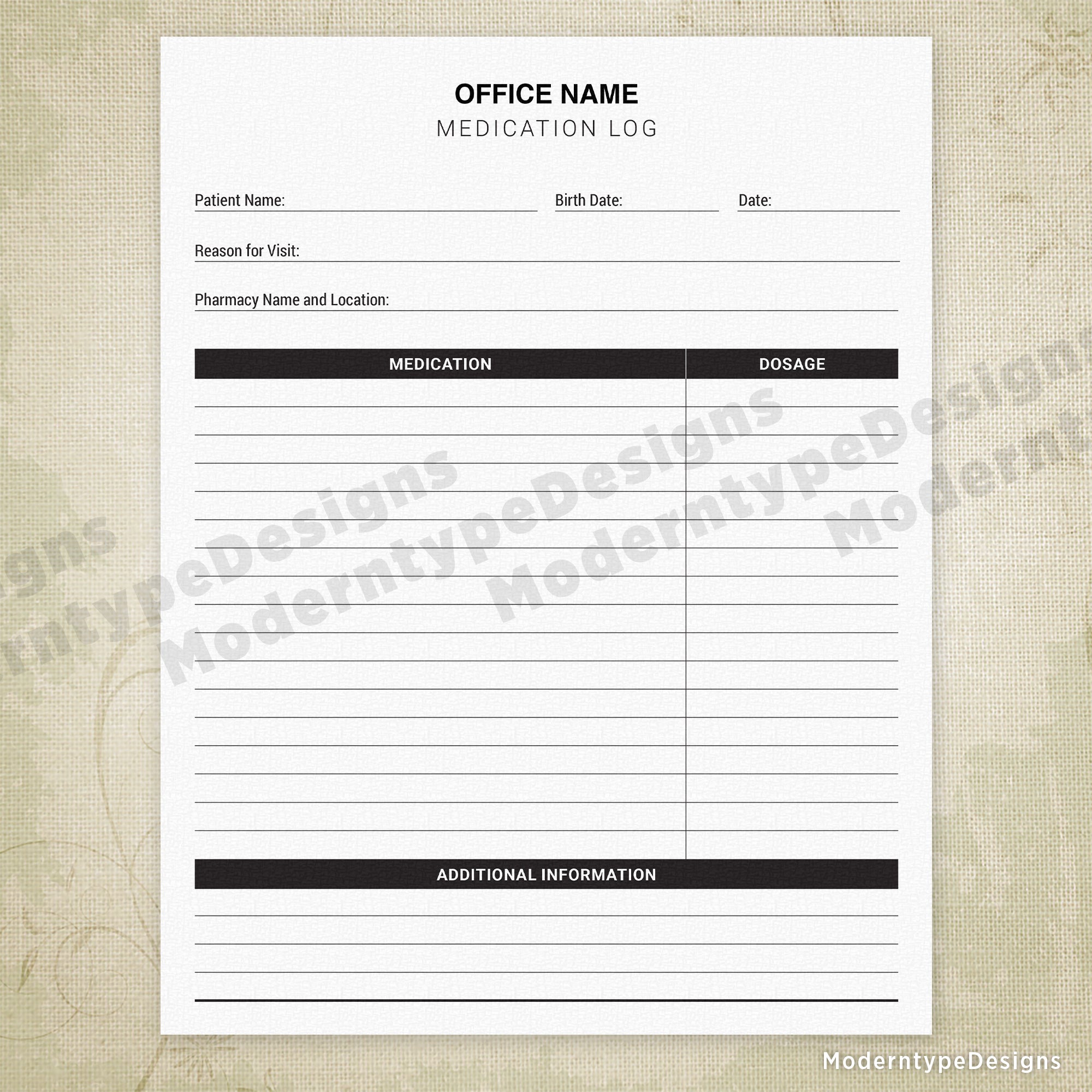 Medication Log Printable Form for Offices, Personalized